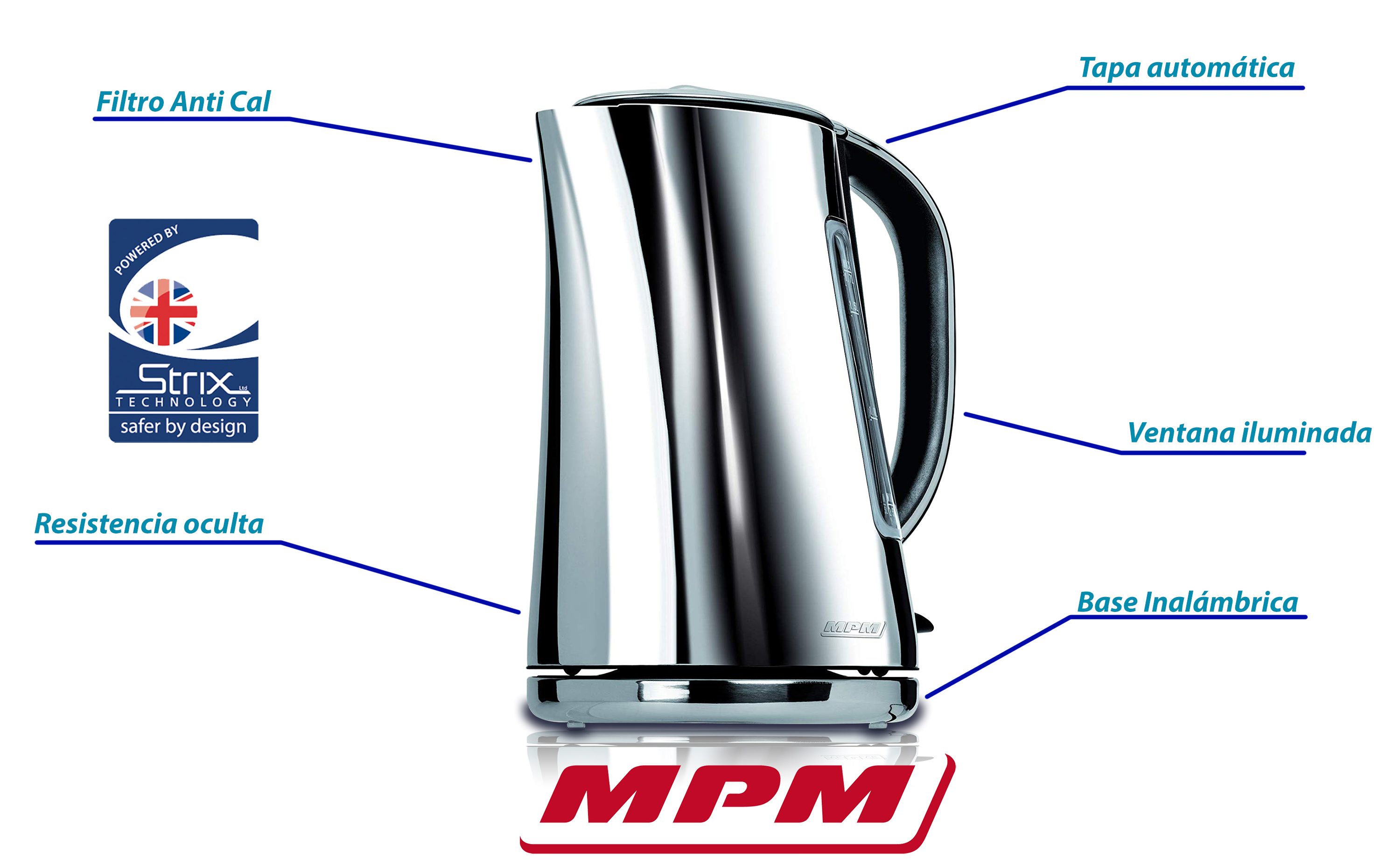MPM MCZ-71P Hervidor de agua eléctrico 1,7 litros, diseño moderno elegante, acero inoxidable sin BPA, resistencia oculta, 2200 W con apagado automático al alcanzar la ebullición, inalámbrico 360º sin cable, filtro de cal 