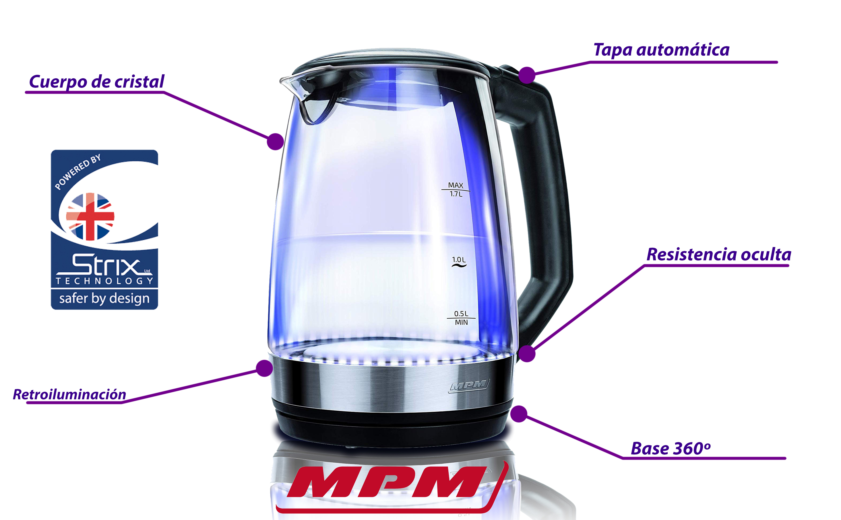 MPM MCZ-83 Hervidor de agua eléctrico cristal 1,7 litros, recipiente sin BPA, resistencia oculta, 2200 W con apagado automático al alcanzar la ebullición, inalámbrico 360º sin cable, negro