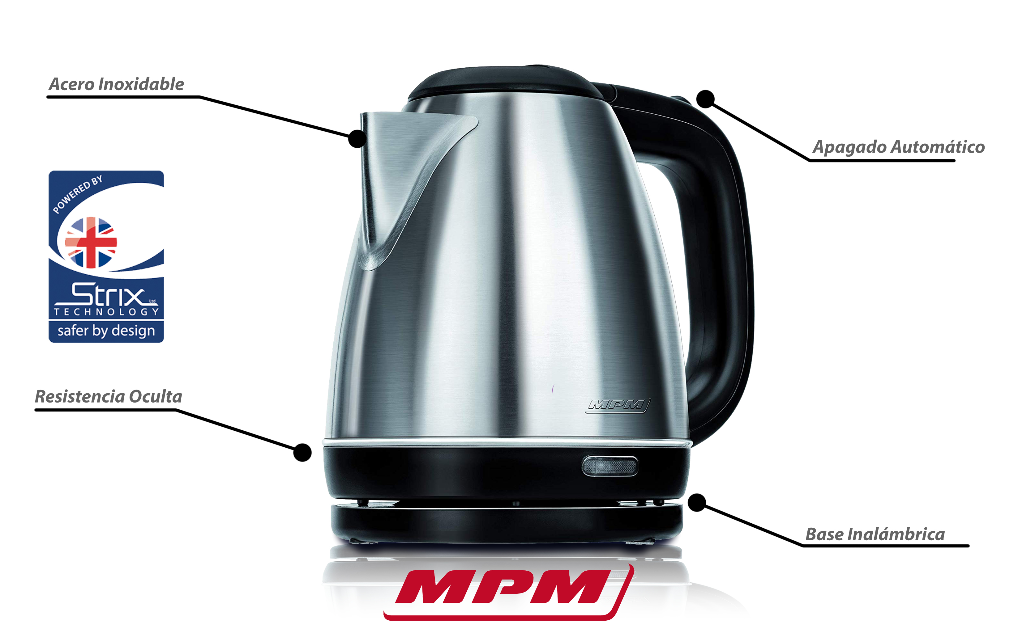 MPM MCZ-84M Hervidor de agua eléctrico 1 litro, acero inoxidable sin BPA, resistencia oculta, 1600 W con apagado automático al alcanzar la ebullición, inalámbrico 360º sin cable