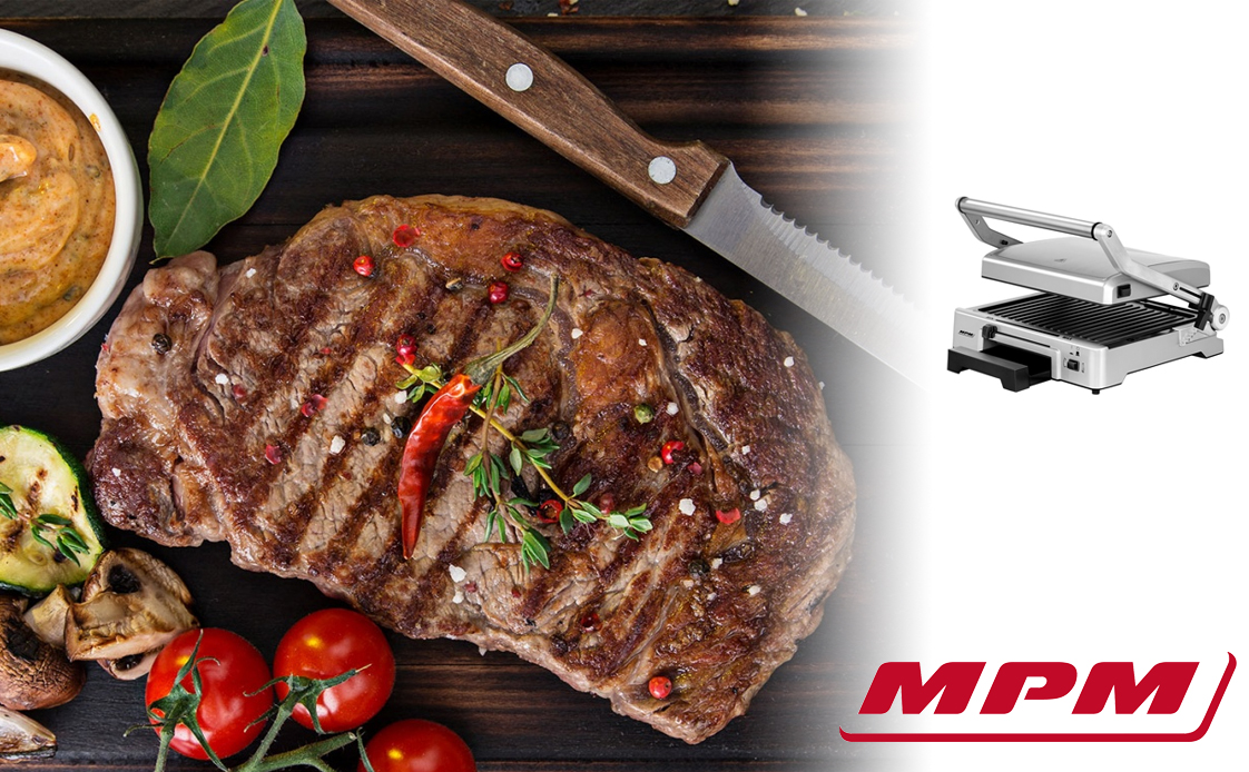 MPM MGR-10M Plancha Grill de asar doble tapa basculante adaptable en altura, planchas antiadherentes, acero inox, regulador temperatura, 2000W