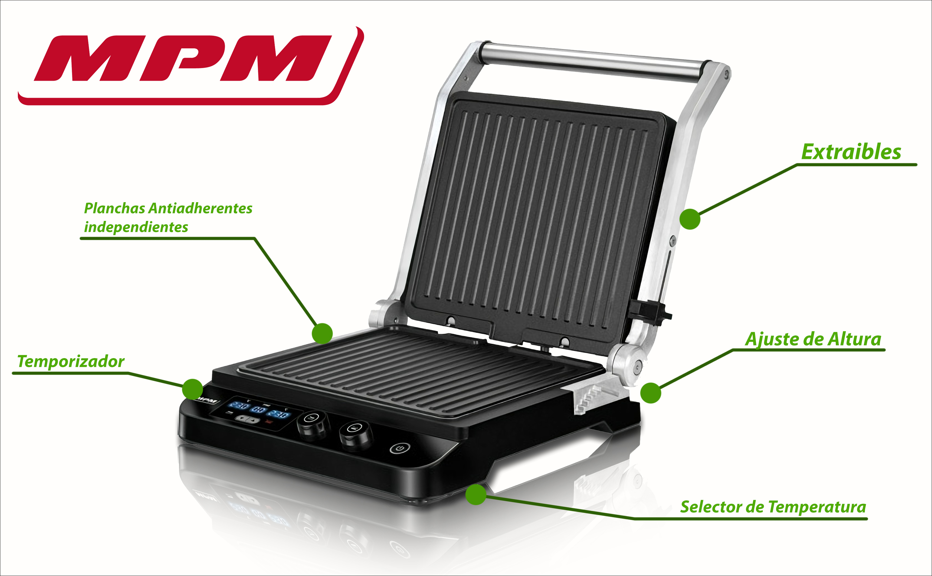 MPM MGR-10M Plancha Grill de asar doble tapa basculante adaptable en altura, planchas antiadherentes, acero inox, regulador temperatura, 2000W