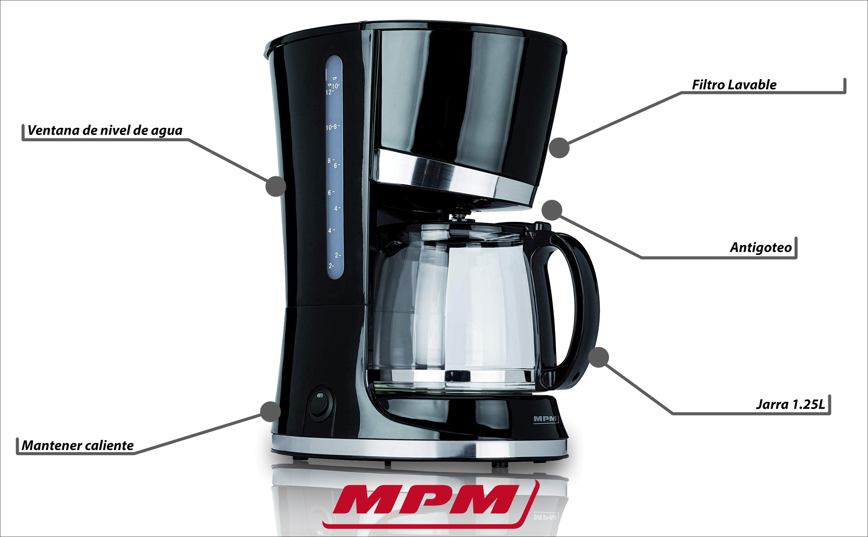 MPM MKW-02 Cafetera eléctrica de goteo automática , Bloqueo de goteo, máquina café de filtro capacidad 10 tazas, 1,25 litros, función de mantenedora calor, color negro acero inoxidable, 800 W