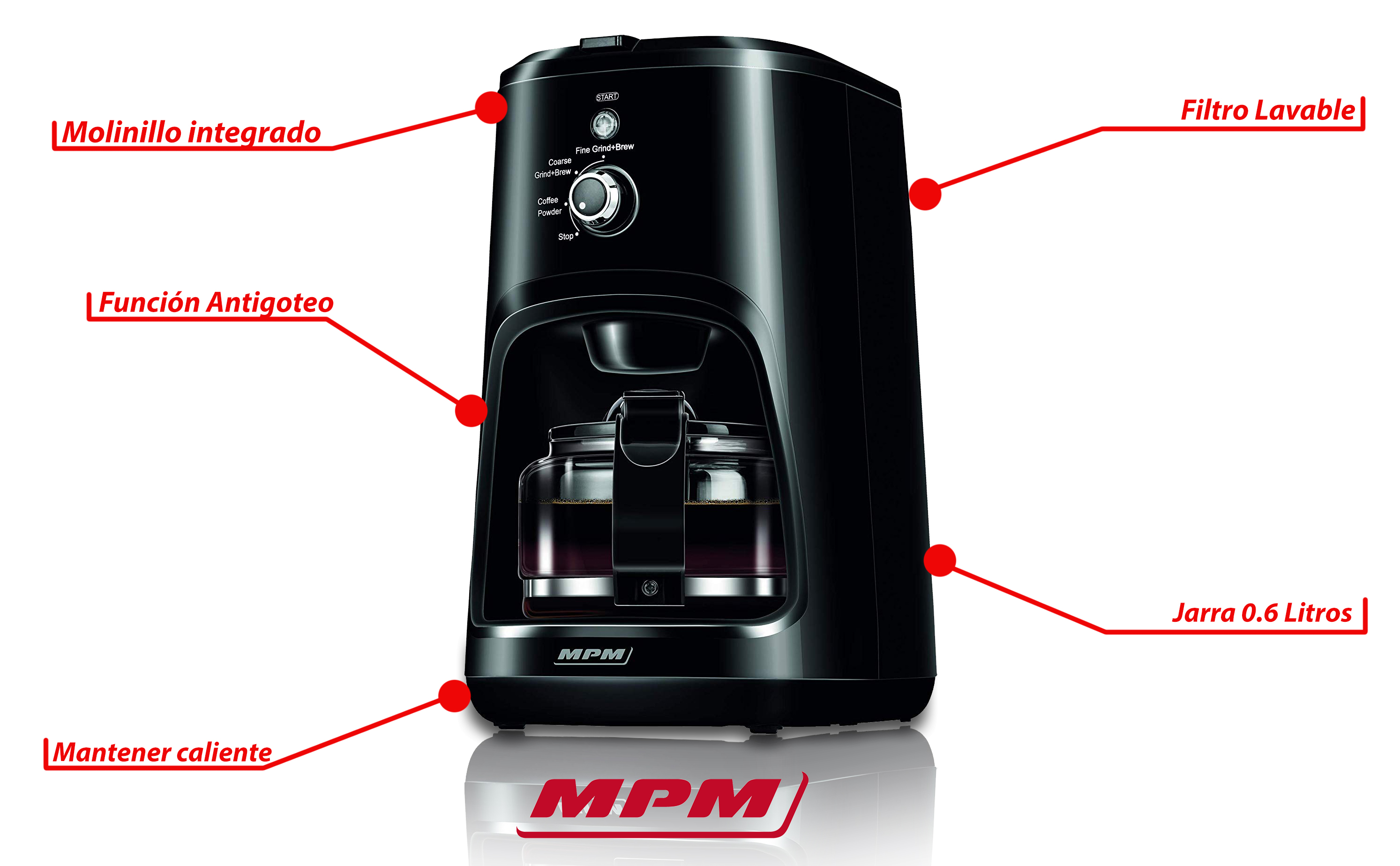 MPM MKW-04 Cafetera de goteo con molinillo de café integrado, máquina de filtro para 4 tazas, 0,6 litros, función mantenedora calor, 900 W, negro