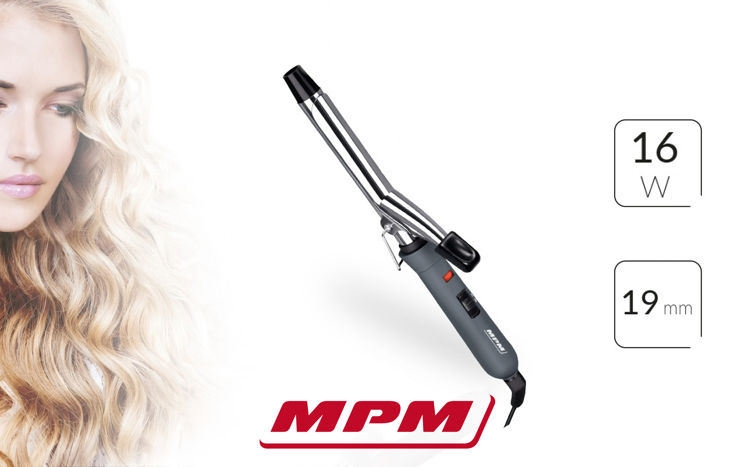 MPM Rizador de pelo MLO-03MPM MLO-03 Rizador de Pelo de 19 mm de Acero Inoxidable, Control de Temperatura en 2 Etapas, 16W