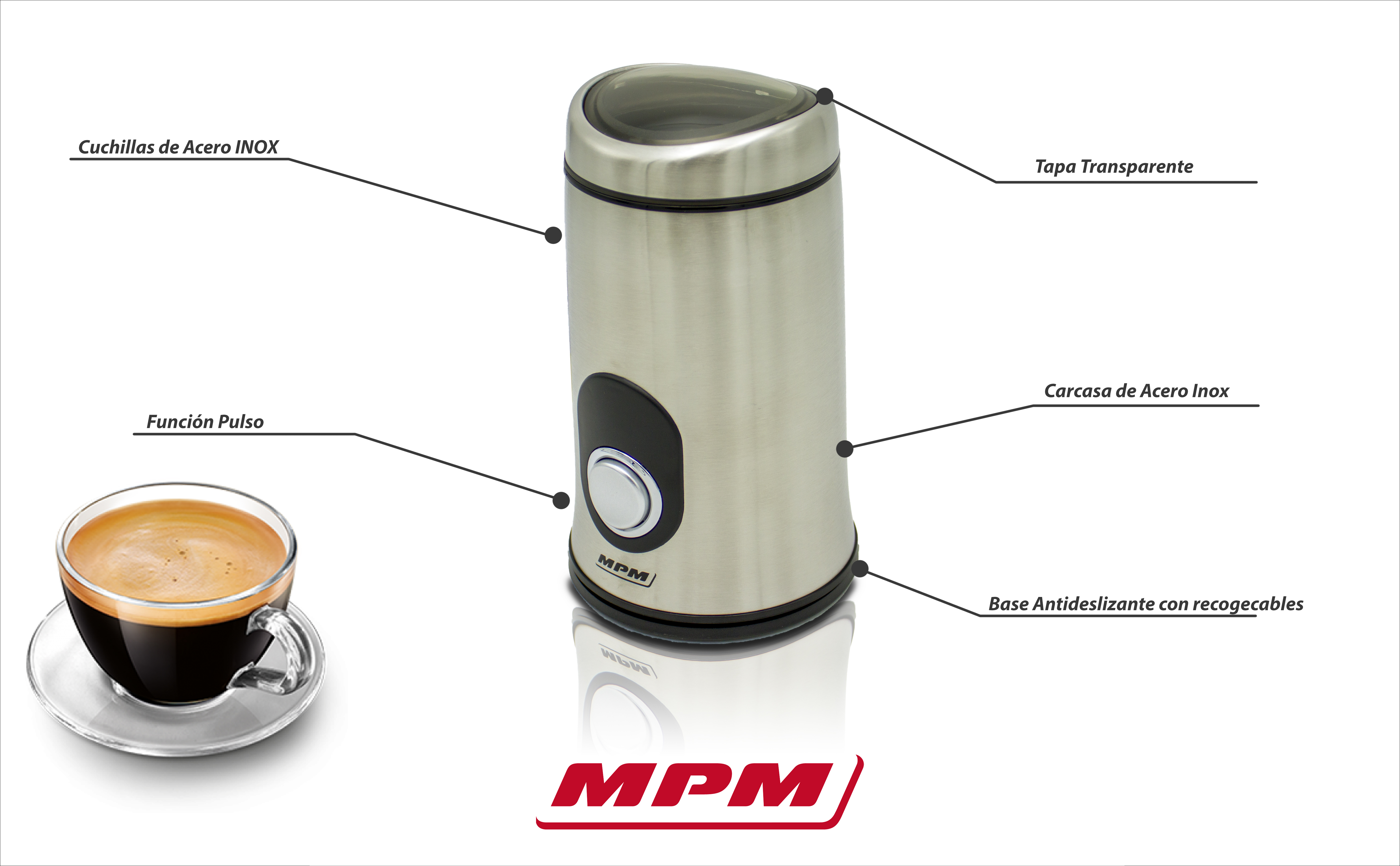 MPM MMK-02M Molinillo café eléctrico pequeño, semillas especias y frutos secos, cuchilla doble y cuerpo acero inox, 115g/min. capacidad 50g , 150W