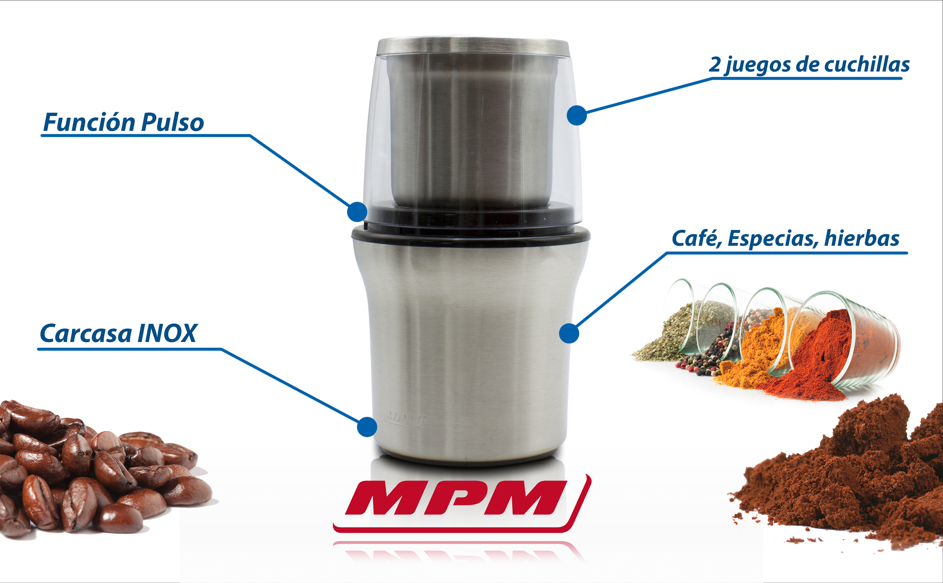 MPM MMK-06M Molinillo Café eléctrico pequeño + picadora multiusos, semillas especias y frutos secos, acero inox, 200W