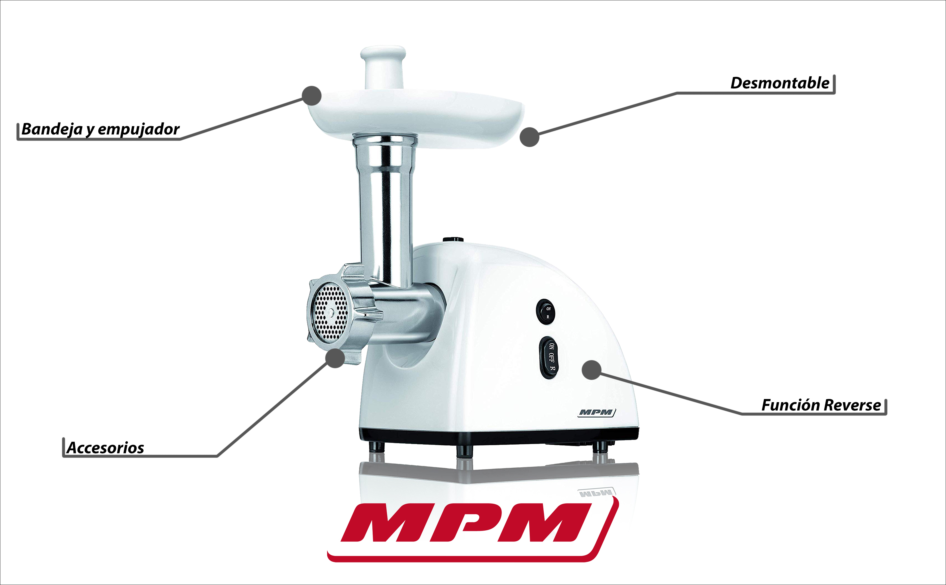 MPM MMM-06 Picadora de Carne eléctrica con embutidora de salchichas 3 discos de corte, engranaje metálico, función inversa, Accesorios, 720 W