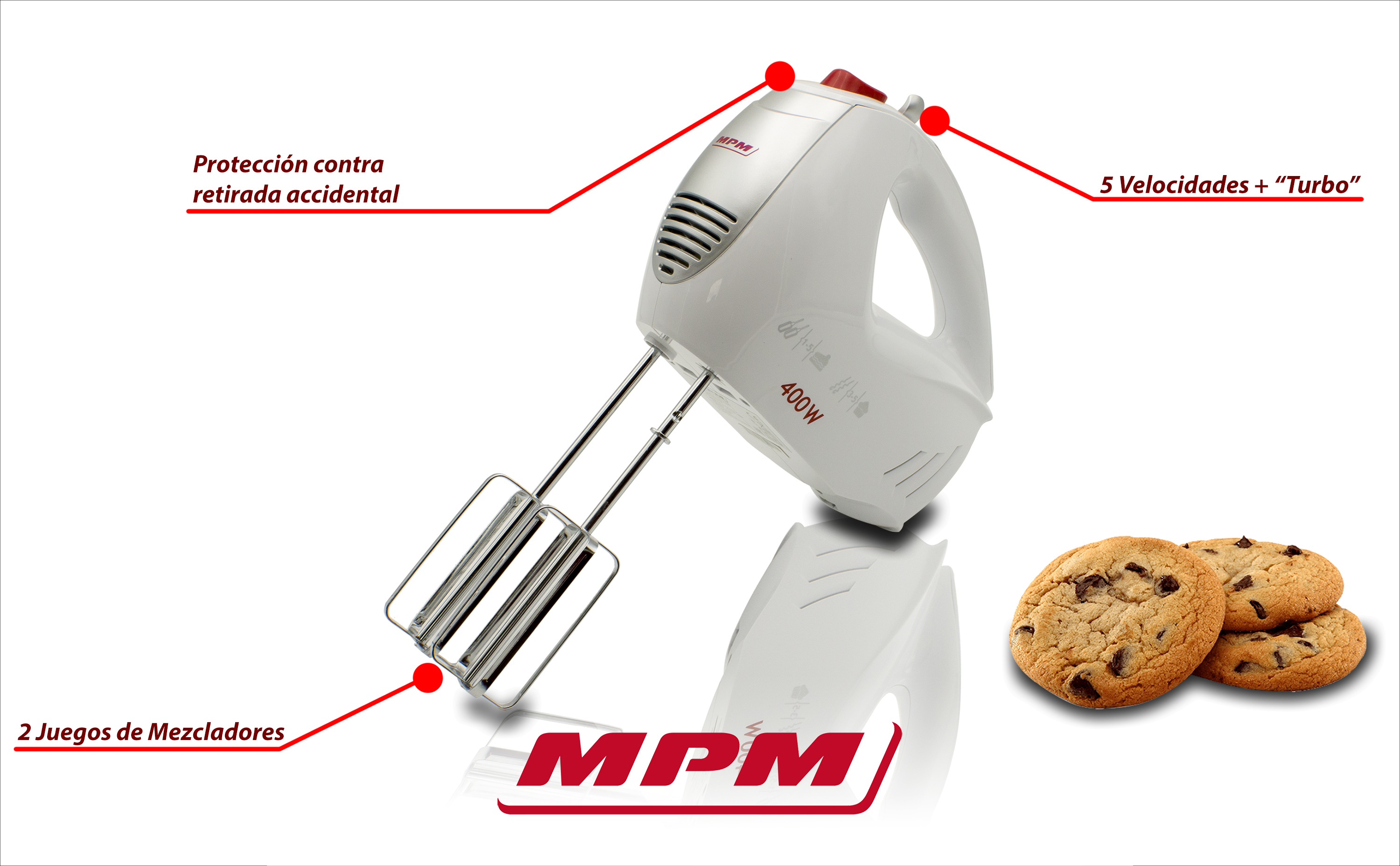 MPM MMR-11 Batidora Amasadora repostería de mano, 5 velocidades + turbo, varillas y gancho amasar acero inoxidable, 400W