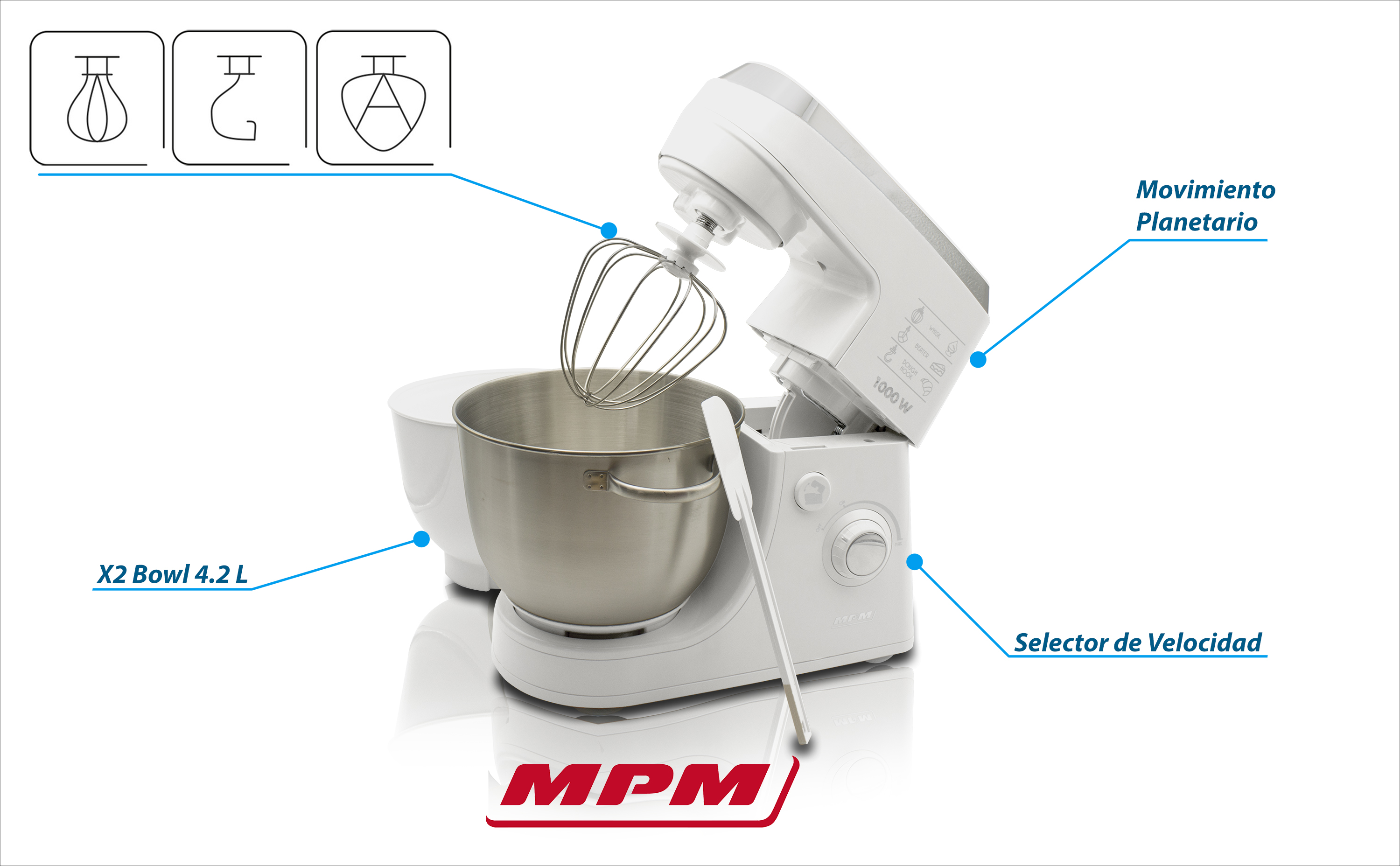 MPM MMR-12 Batidora Amasadora repostería Profesional Robot Cocina Orbital, Velocidad electrónica, 2 x BOL 4,2 litros, 1000W, Blanco
