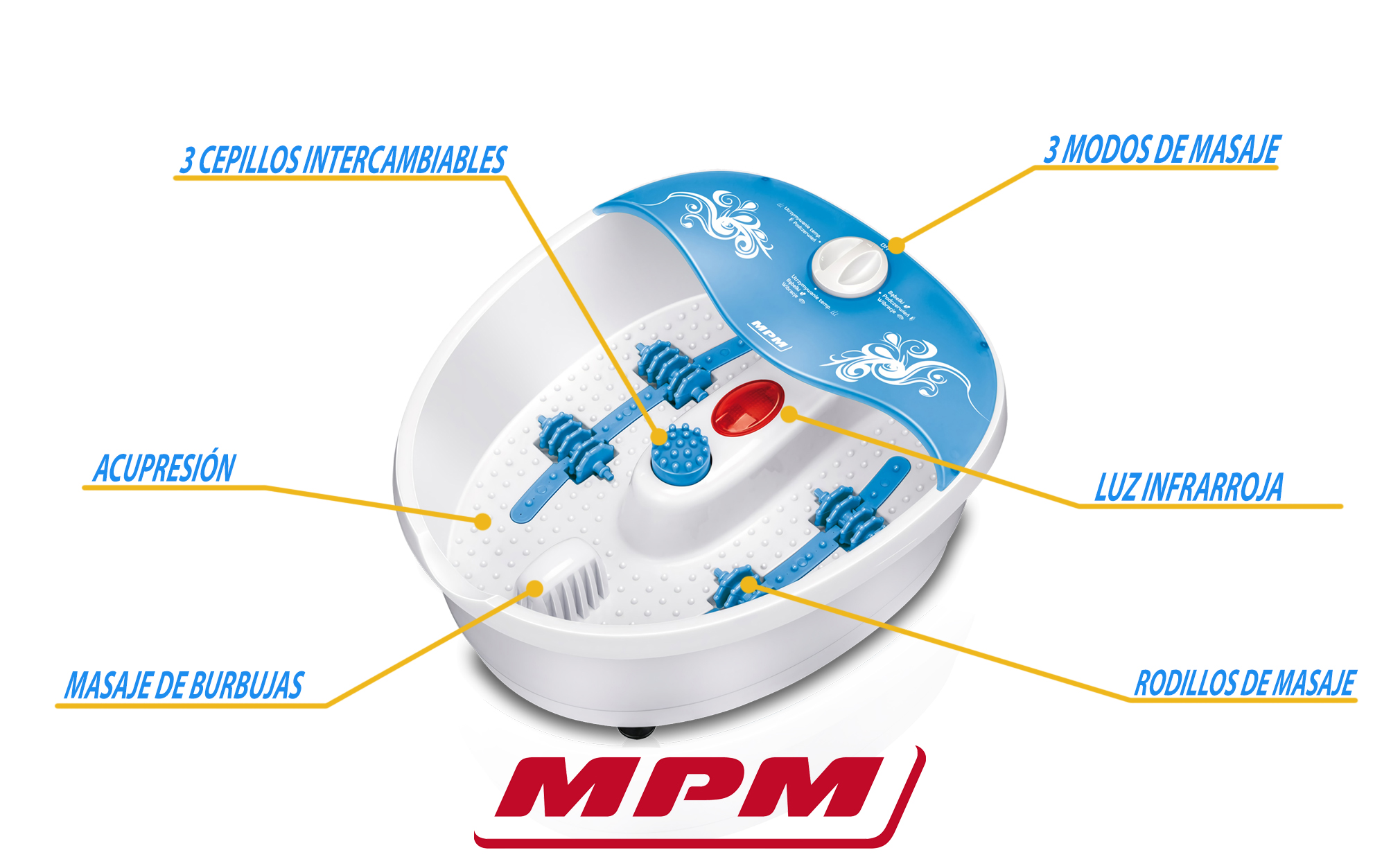 MPM MMS-01 Masajeador de Pies con Agua, masaje de Burbujas y por vibración, Control de Temperatura por infrarrojos, Cepillos intercambiables, 70W