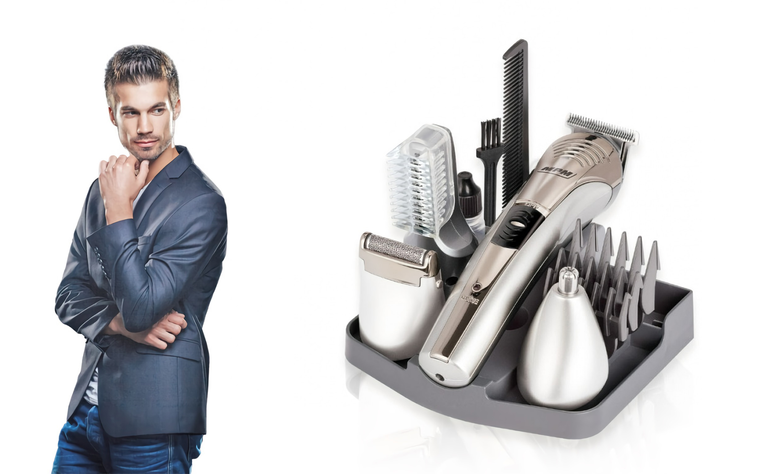 MPM MMW-04 Set Cortapelo Inalámbrico, Afeitadora para hombre, Cabeza, Barba, Corporal, Nariz y Orejas, con Accesorios, 45 minutos de Autonomía