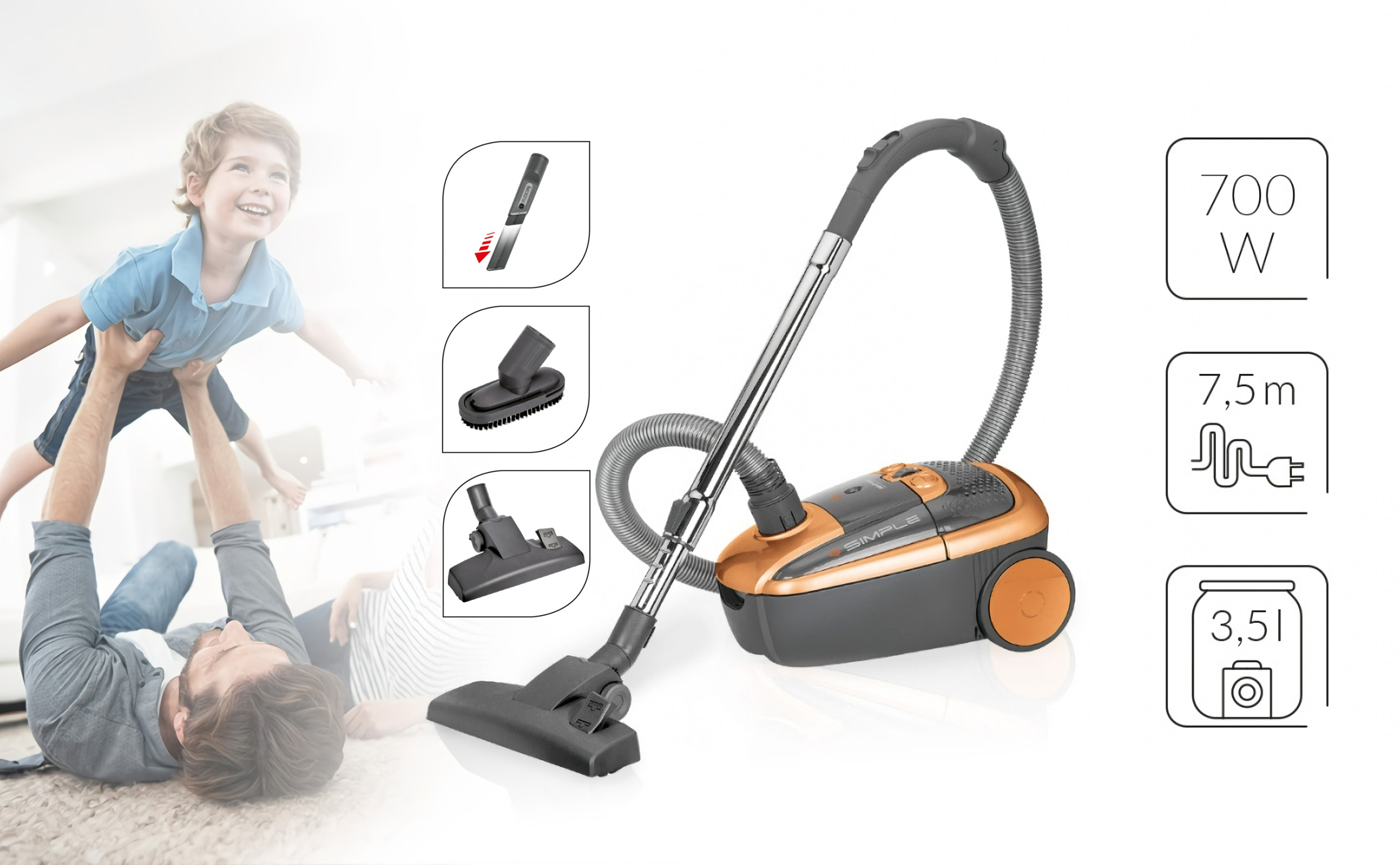 MPM MOD-12 Aspiradora de Trineo con Bolsa 3.5 l, Varios Accesorios, Cable 7.5 m,Filtrado en 5 Etapas, HEPA 13, 700W