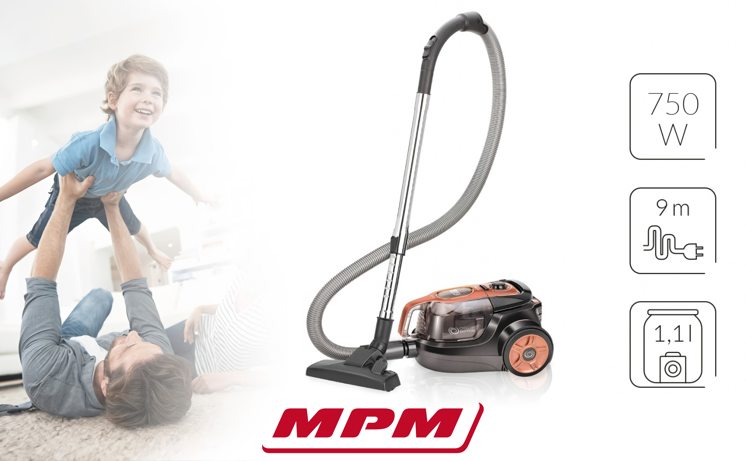 MPM MOD-25 Aspiradora Sin Bolsa Cyclonic, con Accesorios, 1.1 litros, Silencioso, Fácil Limpieza, Cable 9 metros, 750W