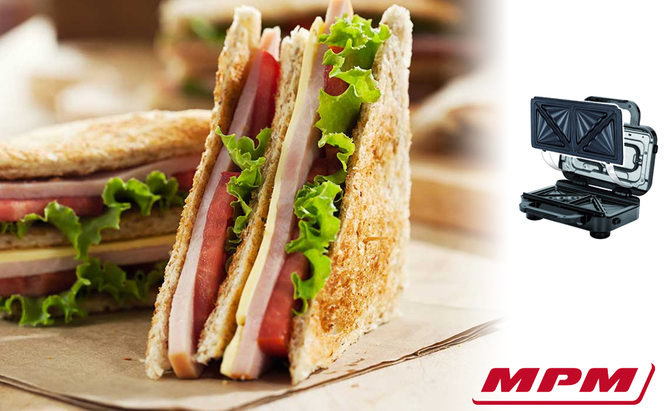 MPM MOP-18M Sandwichera eléctrica para 2 sandwiches, placas antiadherentes en forma de triángulo, acabado acero inoxidable, 850W