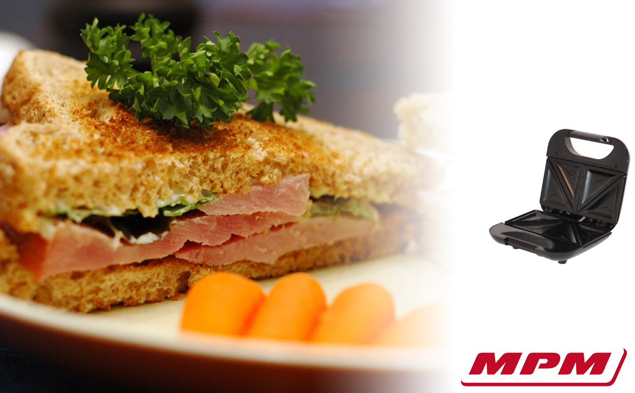 MPM MOP-19M Sandwichera eléctrica para 2 sandwiches, placas antiadherentes en forma de triángulo, acabado acero inoxidable, 750W