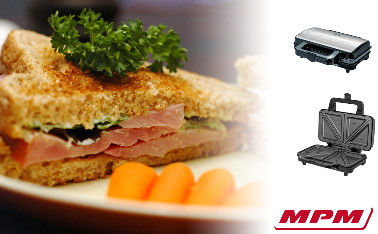 MPM MOP-20M Sandwichera eléctrica para 2 sandwiches, placas antiadherentes en forma de triángulo, acabado acero inoxidable, 900W
