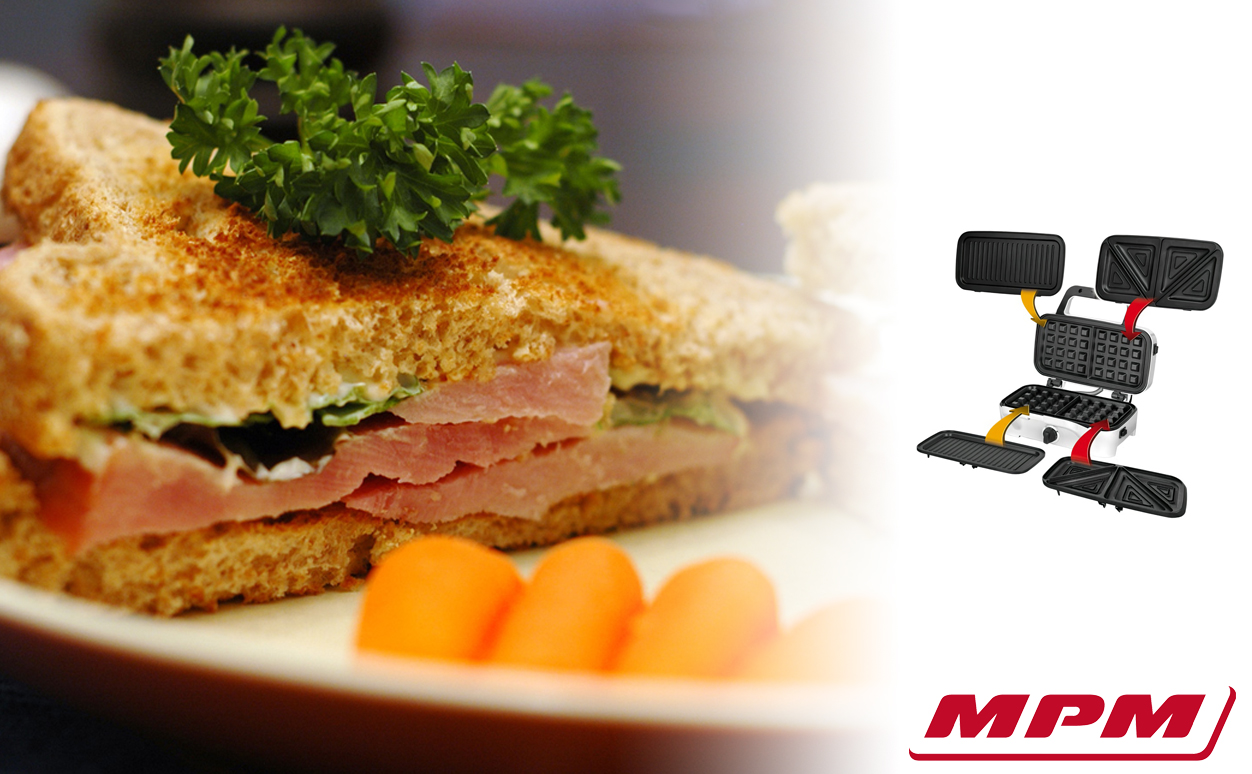 MPM MOP-33M Sandwichera 3 en 1, placas intercambiables, Sandwich tostadora, Gofrera gofres belgas, Grill Plancha para carne y pescados 1200W