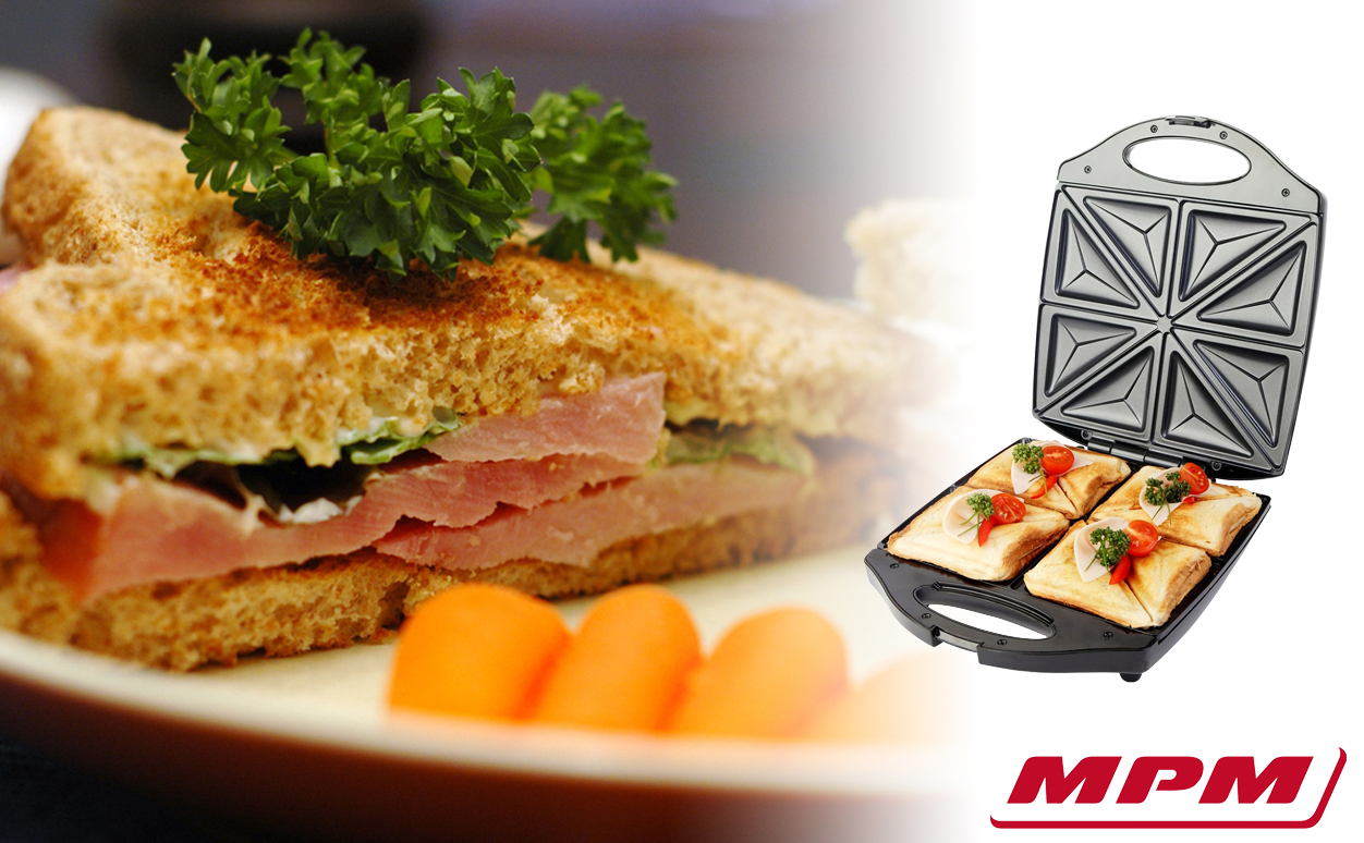 MPM MOP-05M Sandwichera eléctrica para 4 sandwiches, placas antiadherentes en forma de triángulo, acabado en Acero Inoxidable, 1200W