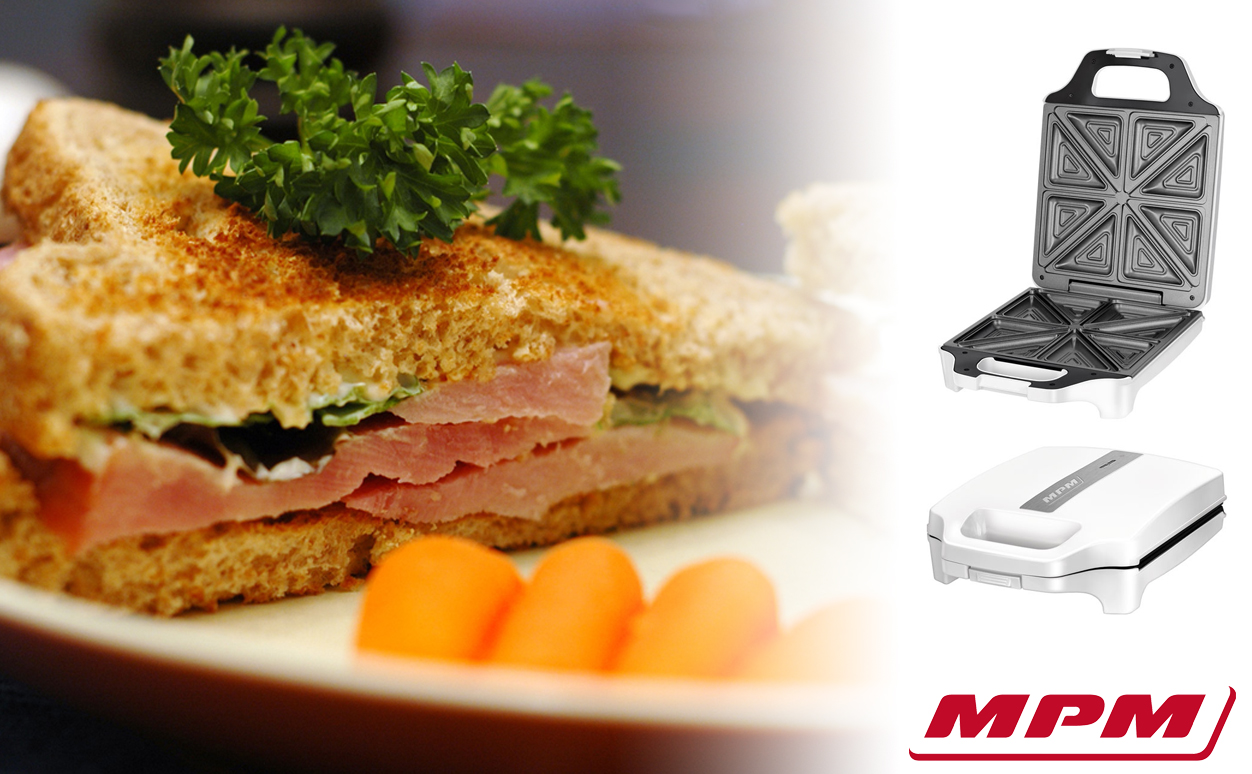 MPM MOP-35 Sandwichera eléctrica para 4 sandwiches, placas antiadherentes en forma de triángulo, blanca, 1600W