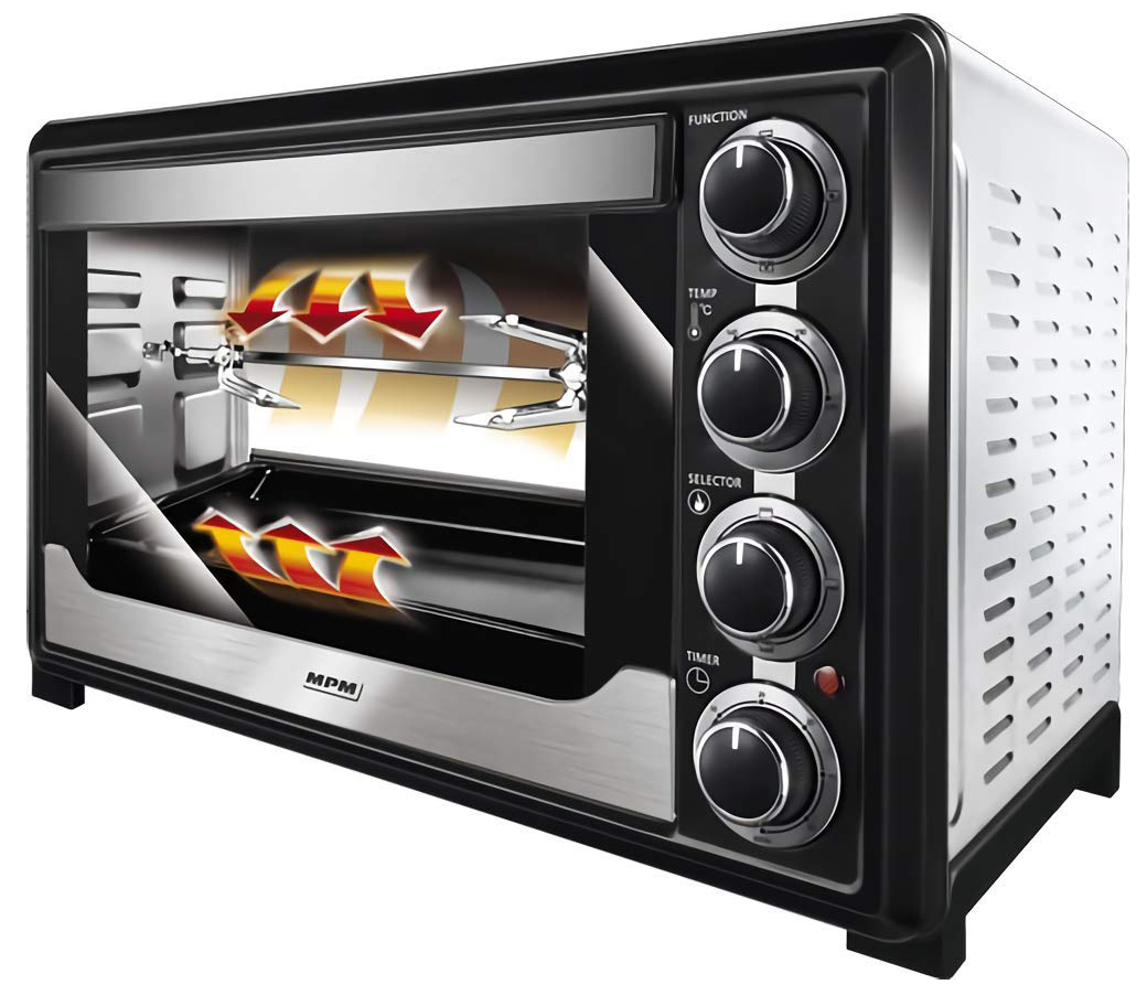 MPM MPE-06/T Horno Eléctrico de Sobremesa Convección 32 litros, Acero Inoxidable, Asador de pollo, Temporizador, Ajuste de Temperatura, 1600W