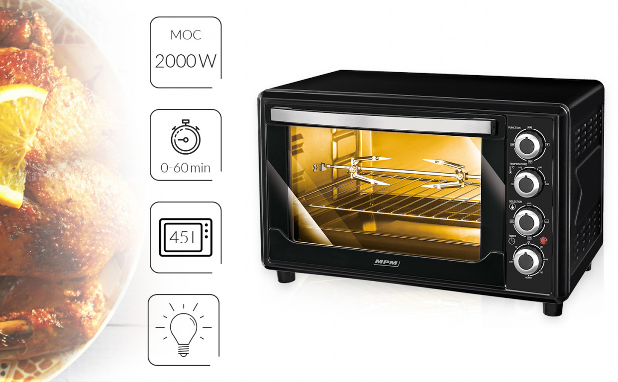 MPM MPE-07T Horno eléctrico de Sobremesa convección 45 Litros, acero inoxidable, asador de pollo, temporizador, ajuste temperatura, negro, 2000W 