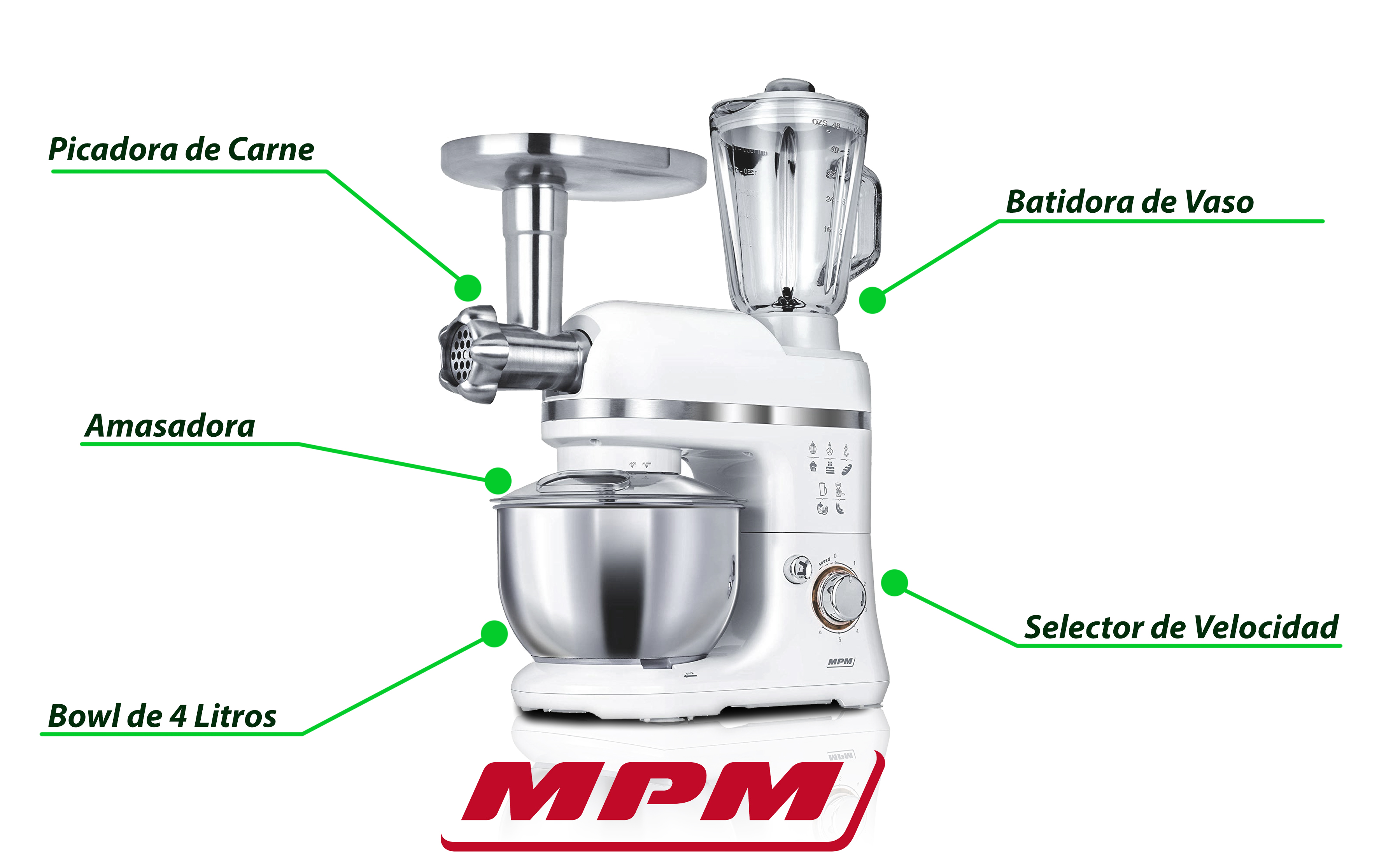 MPM MRK-15 Batidora Robot Cocina Orbital Profesional , Amasadora repostería, Picadora Carne, Batidora Vaso 1.5L, Velocidad electrónica, 4 litros, 1200W, Blanco