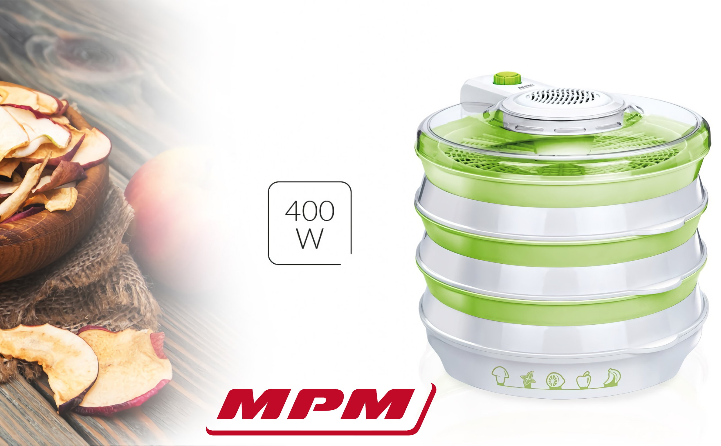 MPM MSG-06 Deshidratador de Alimentos plegable, 6 Bandejas de 30 cm, 2 Niveles de Potencia, frutas, setas y verduras, 400W