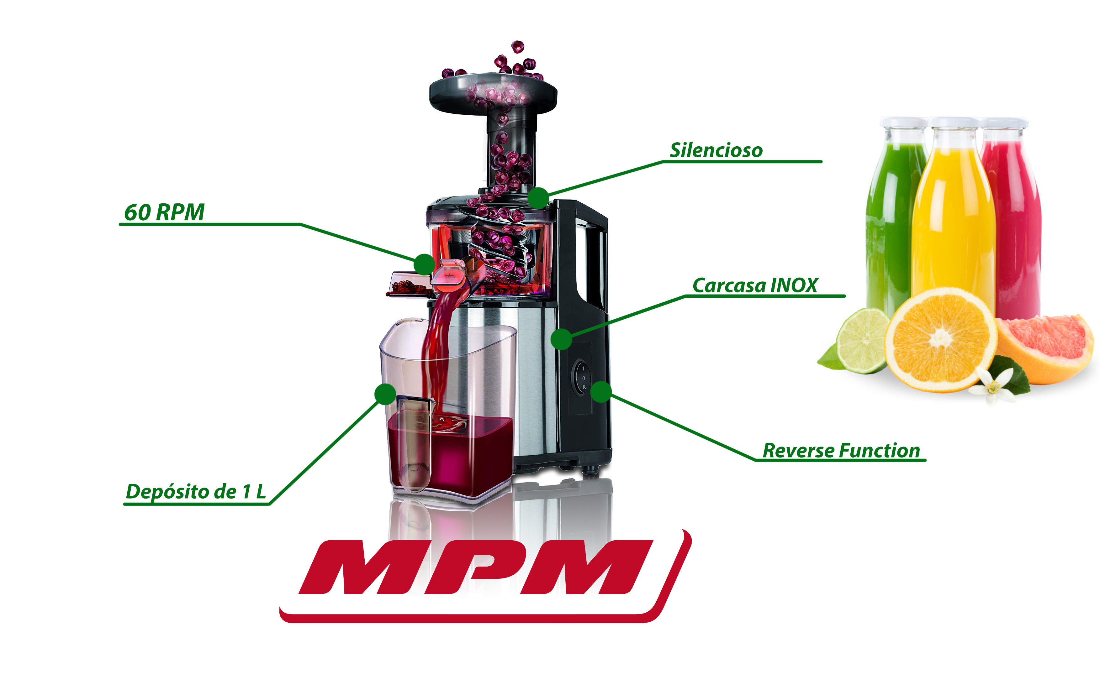 MPM MSO-12M Licuadora prensado en frío para verduras y frutas, baja velocidad 60RPM, Slow Juicer, boca ancha, función inversa, 150W