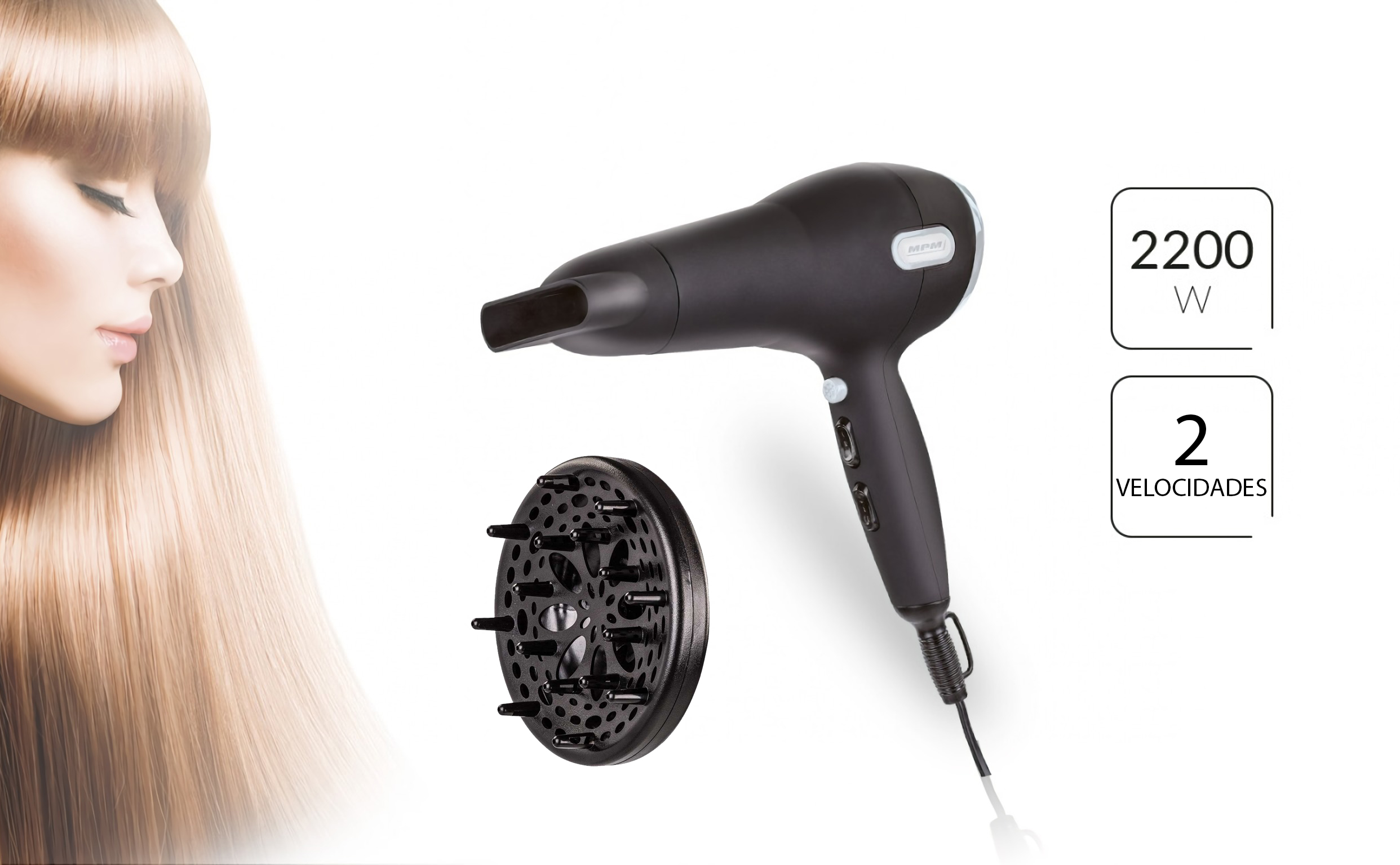 MPM MSW-09 secador de pelo profesional + Difusor, 2 ajustes de Velocidad, 3 Temperaturas, Botón Aire Frío, 2200W