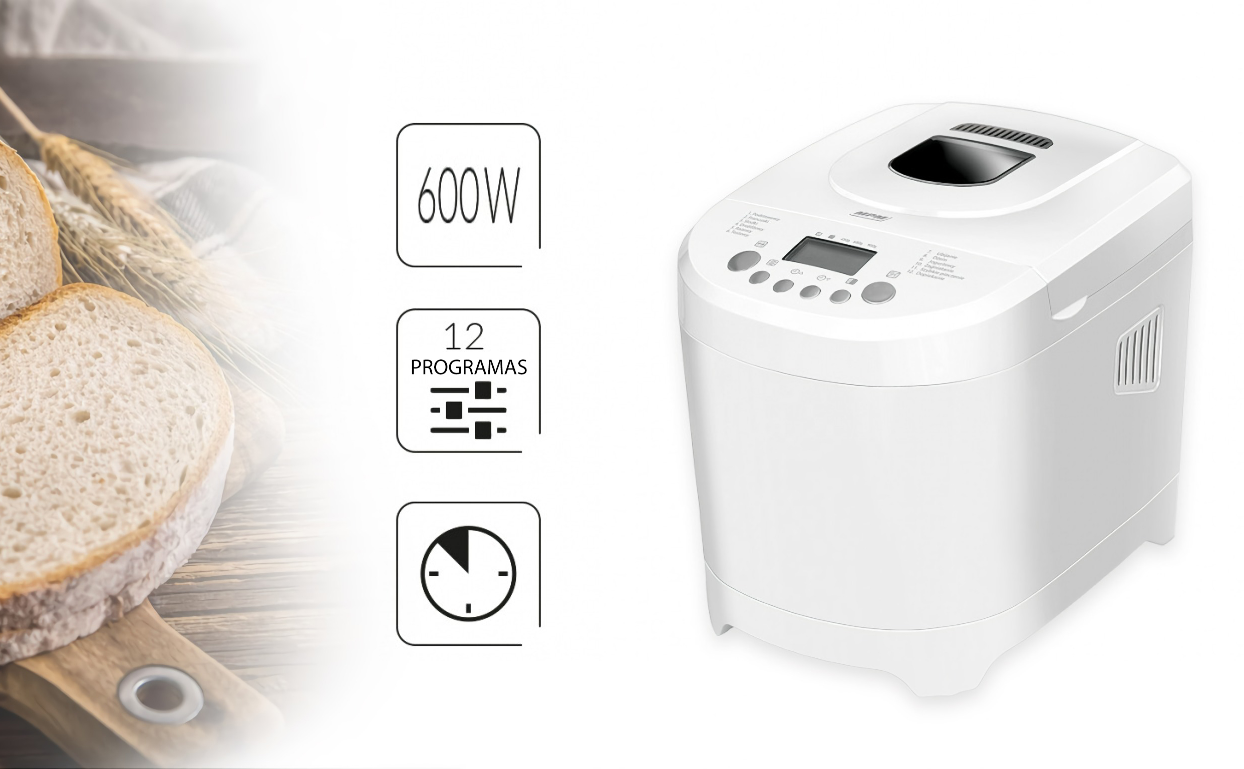 MPM MUC-01 Panificadora Amasadora Automática, 12 Programas, Pan Integral, Sin Gluten, Antiadherente, 900 g, 600W, Retroiluminado 