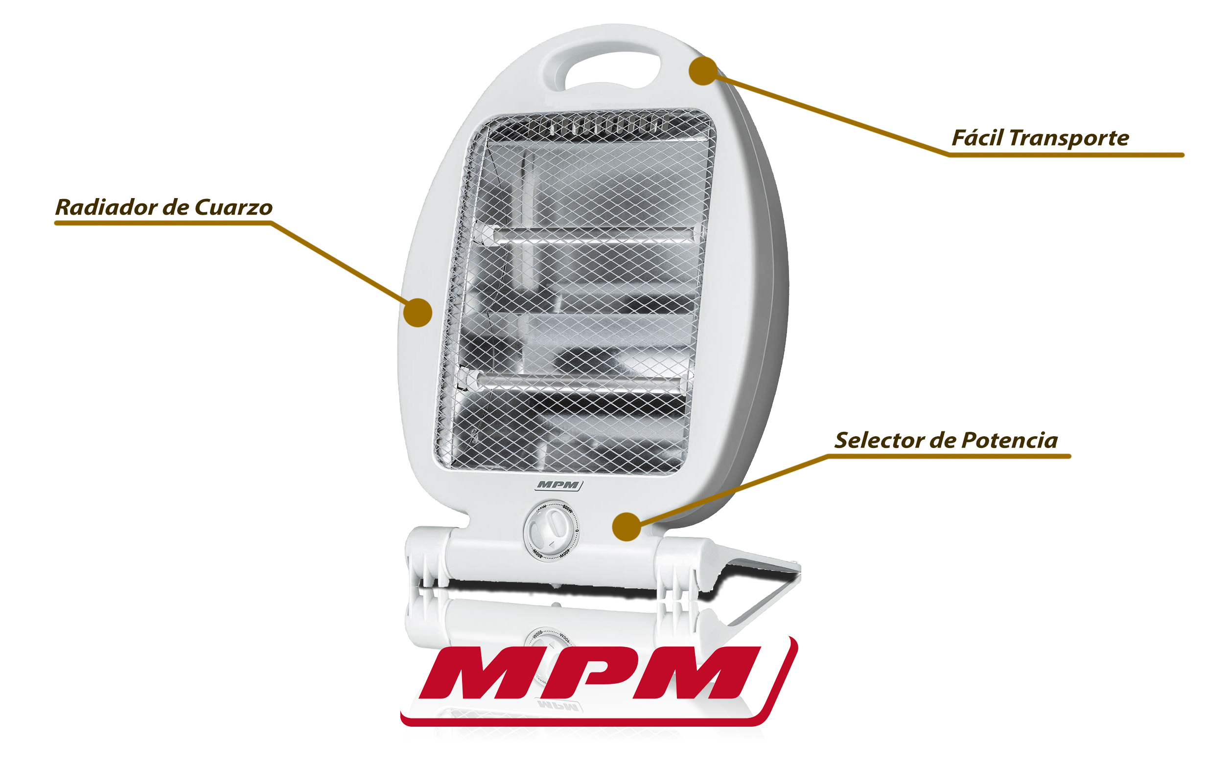 MPM MUG15 Estufa eléctrica de cuarzo portátil, radiador halógeno, 2 niveles temperatura, sistema seguridad, 400/800W