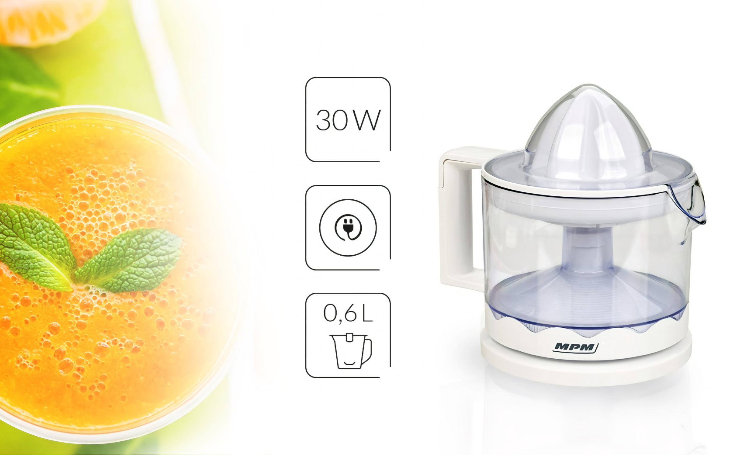 MPM MWC-02 Exprimidor eléctrico para Cítricos, zumo naranja, jarra independiente 600ml, doble sentido giro, cubierta antipolvo, blanco, 30W