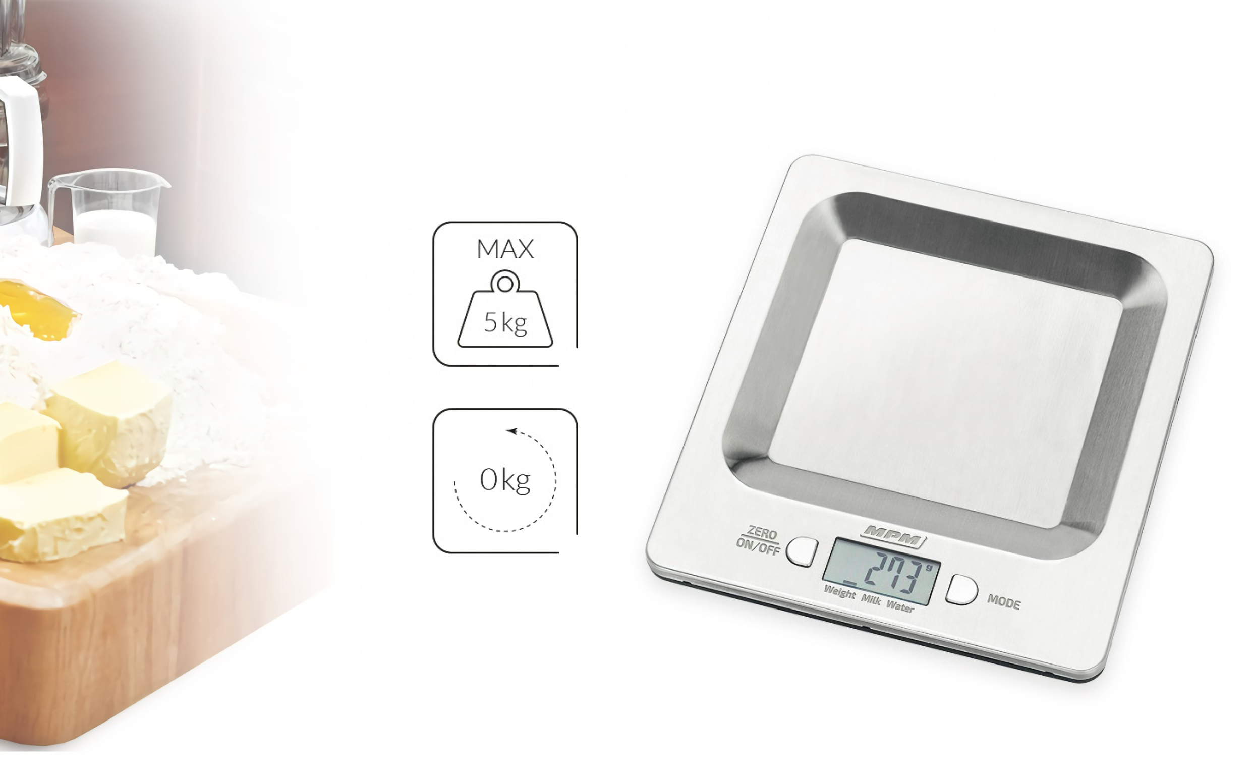 MPM MWK-04M Báscula de cocina digital de acero inoxidable, alta precisión pasos 1g pesa alimentos hasta 5Kg, display LCD, función tara, multifunción