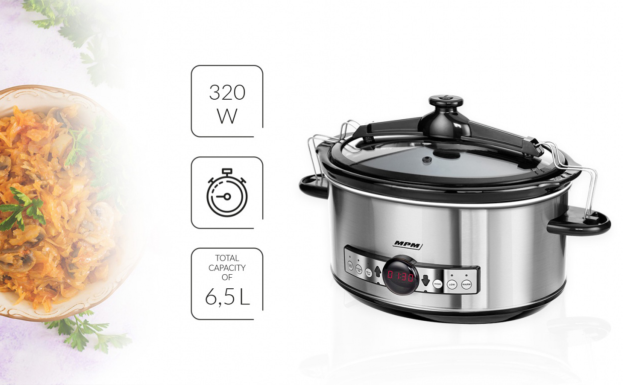 MPM MWO-01M Olla cocción lenta programable 6,5 litros, cubeta cerámica ovalada libre PFOA y PTFE, 3 nivles temperatura, tapa cristal, Slow Cooker acero inoxidable