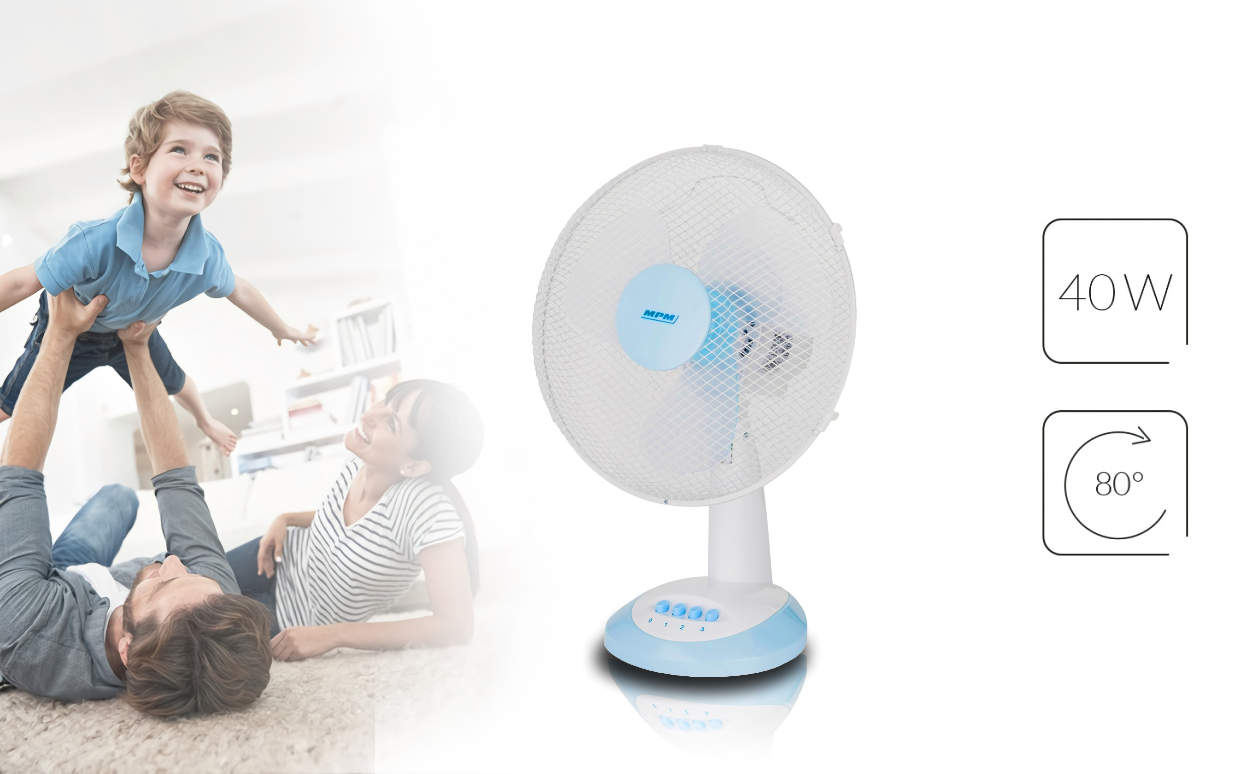 MPM MWP-16 Ventilador portátil de sobremesa oscilante, 3 velocidades, 34cm, blanco, 40W