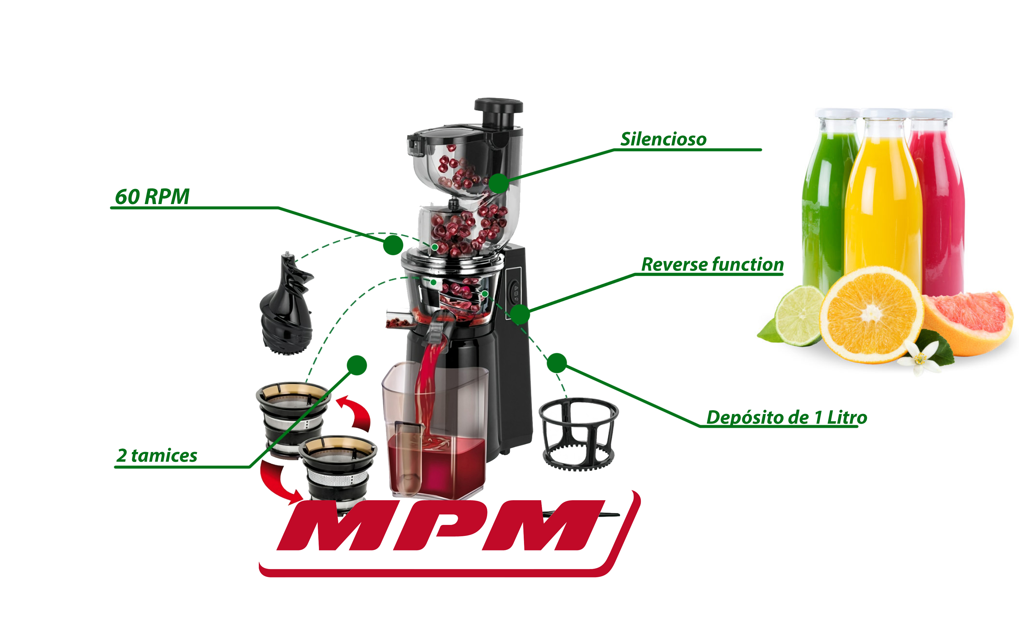 MPM MSO-16 Licuadora prensado en frío para verduras y frutas, baja velocidad 60RPM, Slow Juicer, 2 tamaños de malla función inversa, 200W