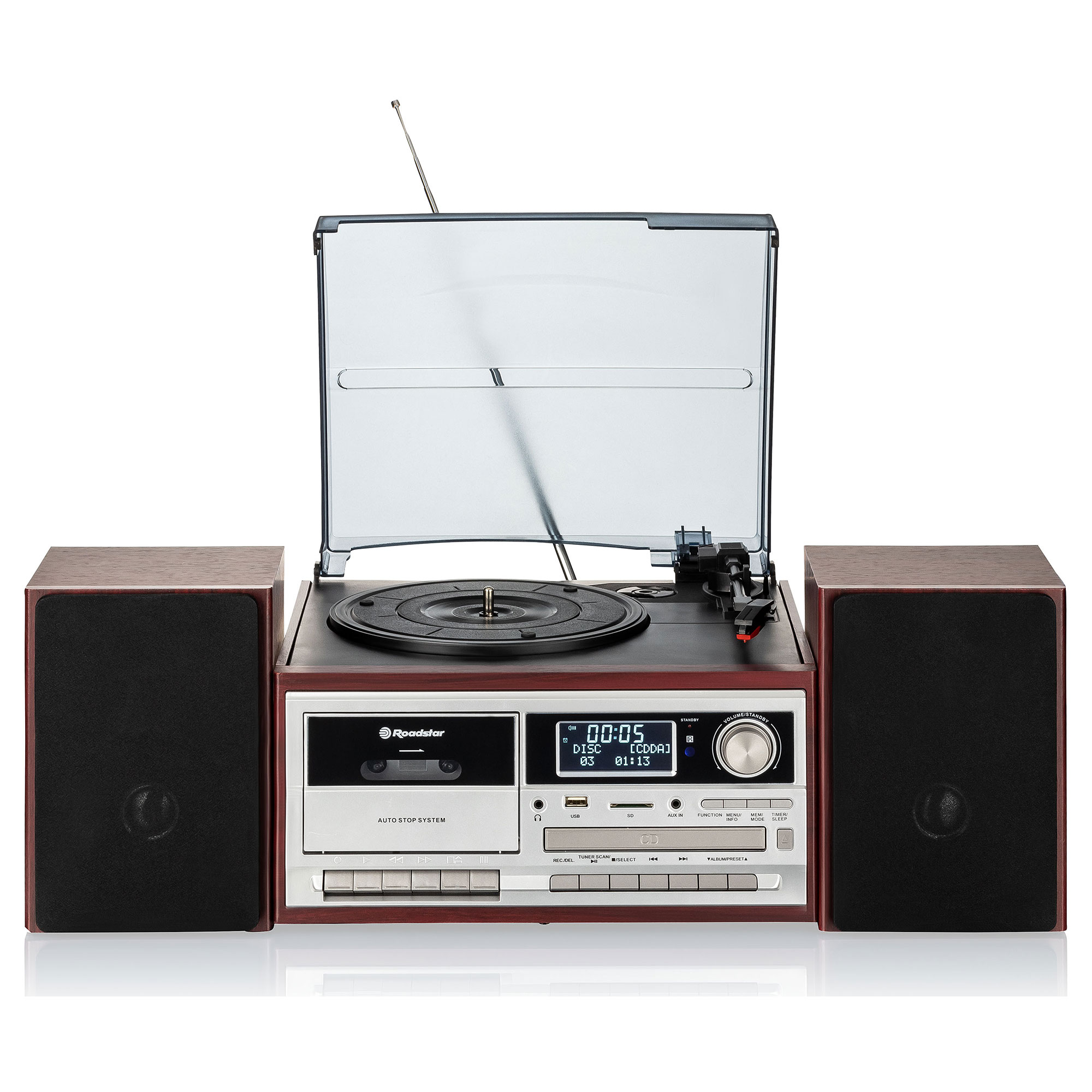 Roadstar HIF-8892DBT Equipo de Música Hi-FI Vintage Tocadiscos 33/45/78 rpm, Radio DAB/DAB+/FM, Reproductor CD-MP3, Cassette, Bluetooth, Puerto USB y Tarjeta SD, Mando a Distancia, Madera