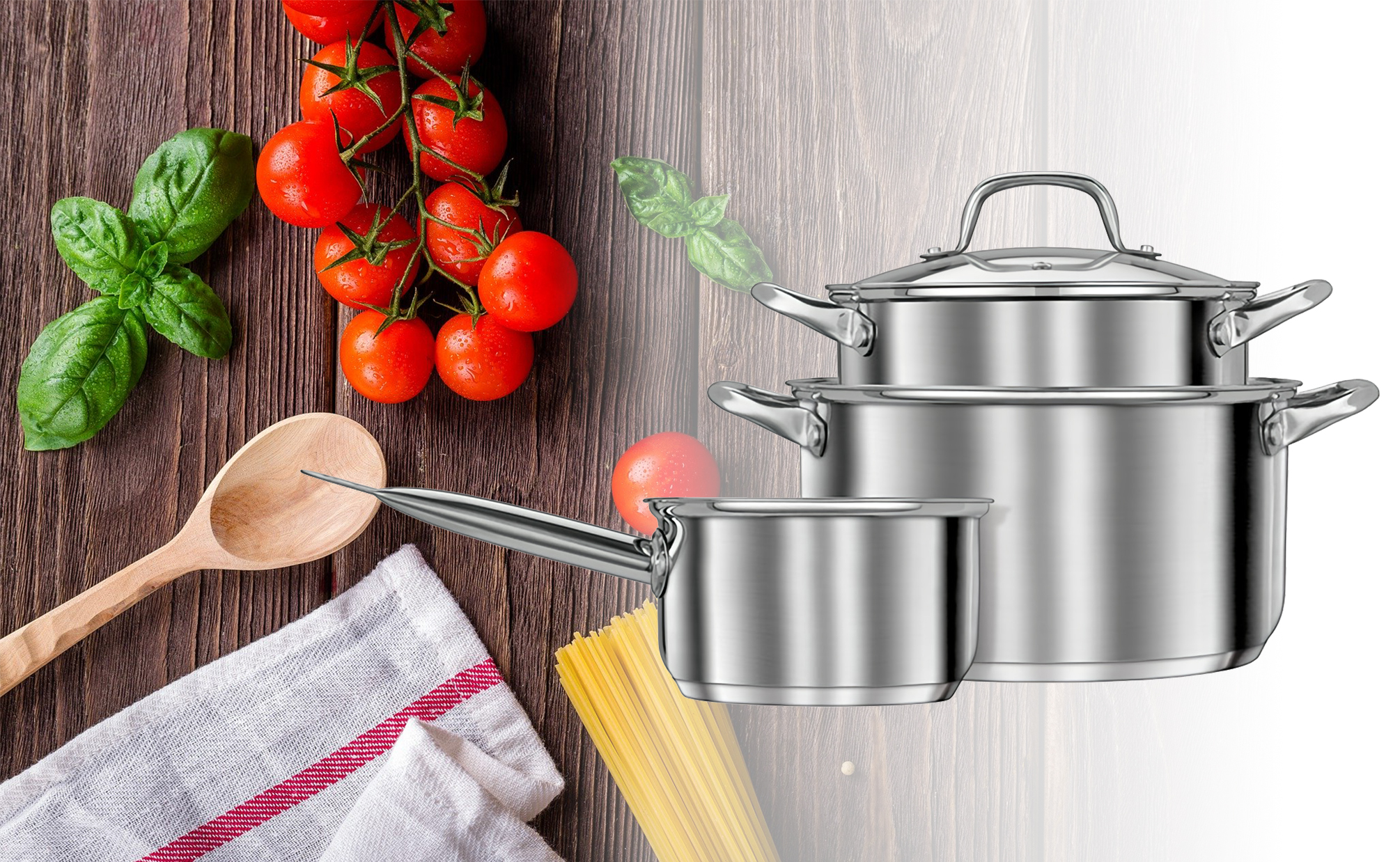 Smile MGK-14 Batería de Cocina Inducción 6 piezas Acero Inoxidable 3 ollas, 1 cazo, 2 tapas cristal, apta para todo tipo de cocinas, libre PFOA