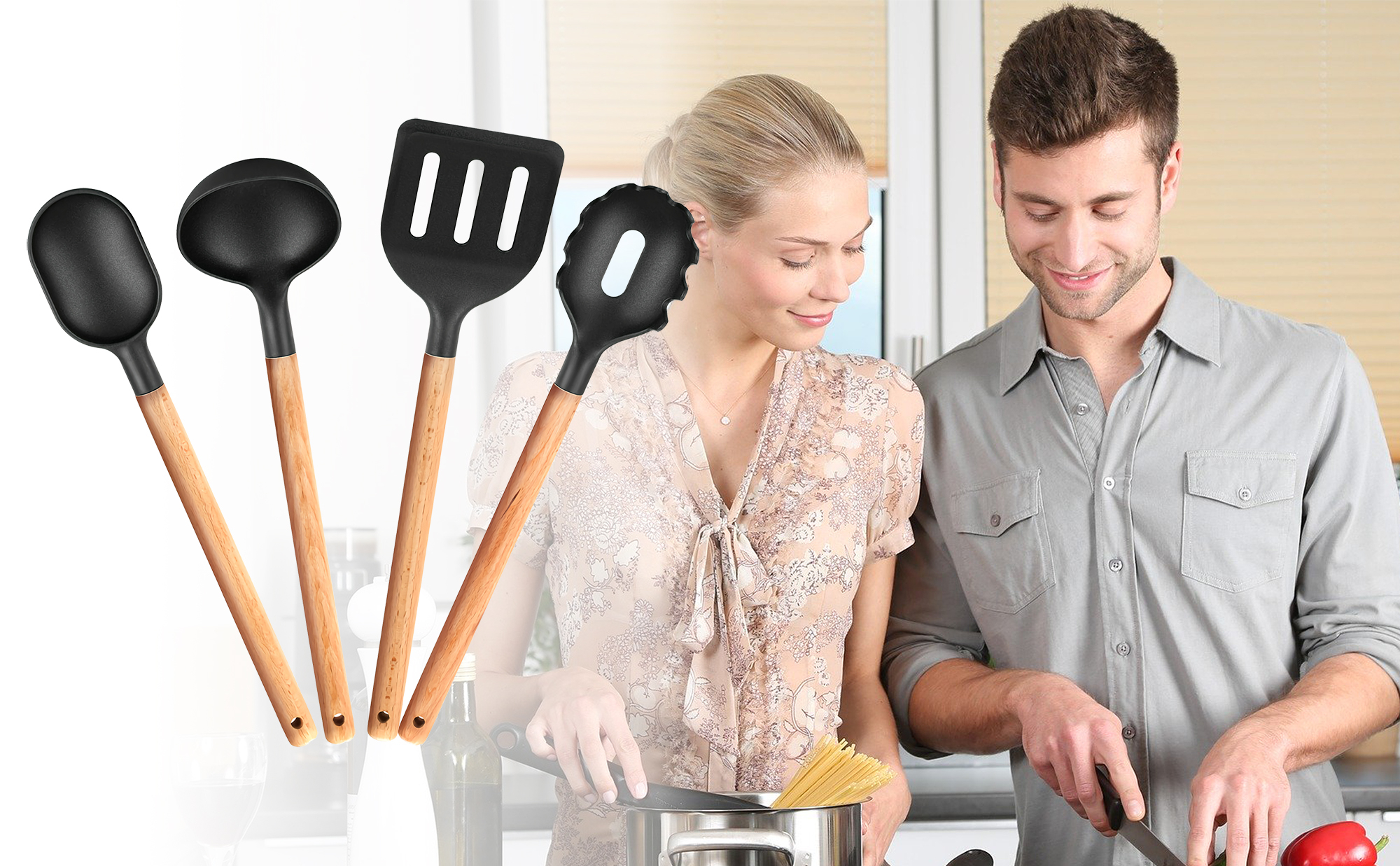 smile sak-3 set de 4 utensilios de ccoina de madera de haya alta calidad y nylon, resistente a alta temperaturas, seguros e inofesivos para la salud 