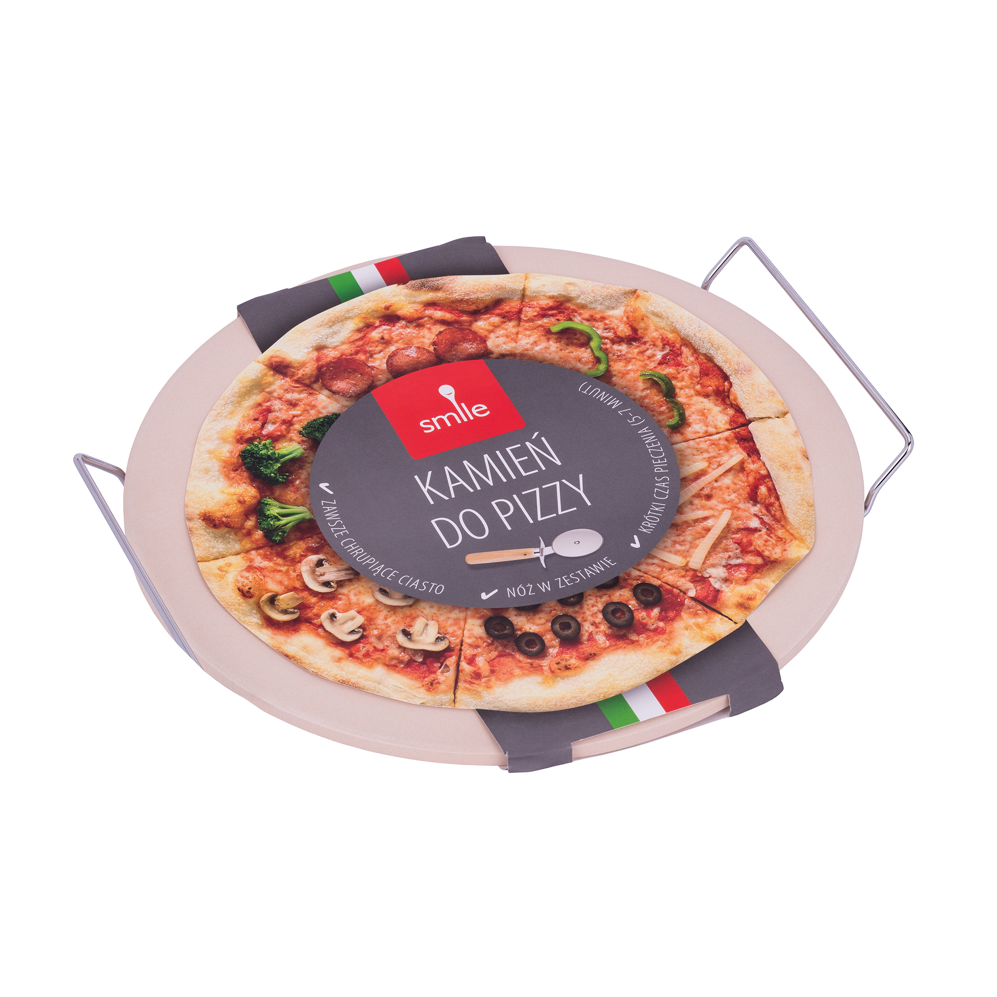 Smile SKP-1 Piedra para hornear Pizza, pan, bollería, piedra cerámica de 33cm diametro, Soporte de Metal, cortador pizza.