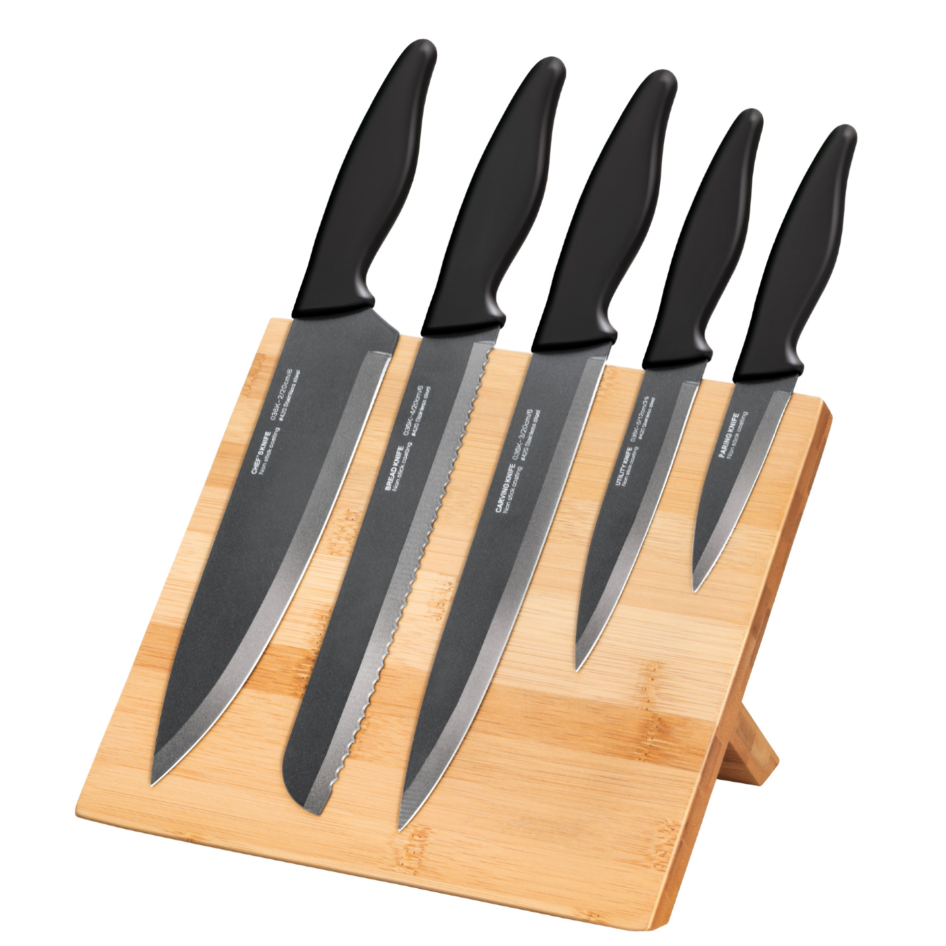 Smile SNS-4 Tacoma Juego de 5 cuchillos de cocina de acero inoxidable con recubrimiento antiadherente, bloque madera magnético plegable linea moderna