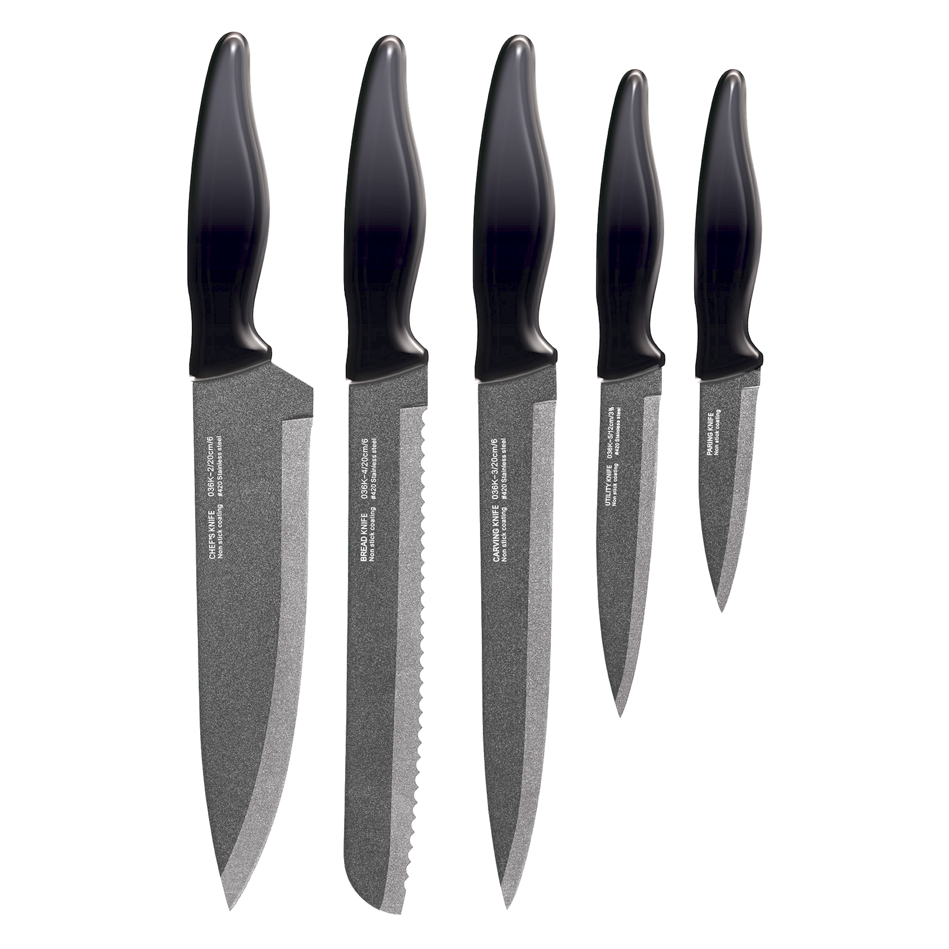 Smile SNS-3 Tacoma Juego de 5 cuchillos de cocina de acero inoxidable con recubrimiento antiadherente, bloque redondo linea moderna, negro