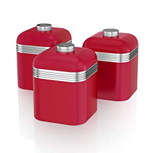 Swan SWKA1020RN Set 3 Botes metálicos de almacenamiento 1 litro, especias, té ,café, vintage diseño retro Rojo